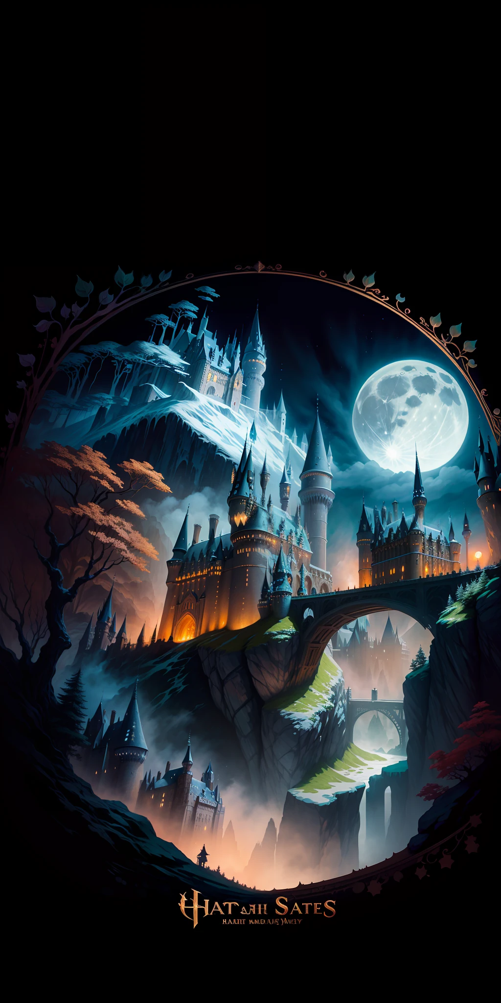 A masterpiece, a castle poster with a full moon in the background, viewed from a cave, with a solid black background above and below. Close shots with lakes, reflections, detailed paintings inspired by gaston bussiere, shutterstock, fantasy art, magic light and shadows, beams of artifacts. Enchanted castles, enchanted backgrounds, Harry Potter art, highly detailed magical fantasy, scary castles)). mystical, background hogwarts, hogwarts setting, magic castle school on the hill, fairytale painting, magical composition, night scene