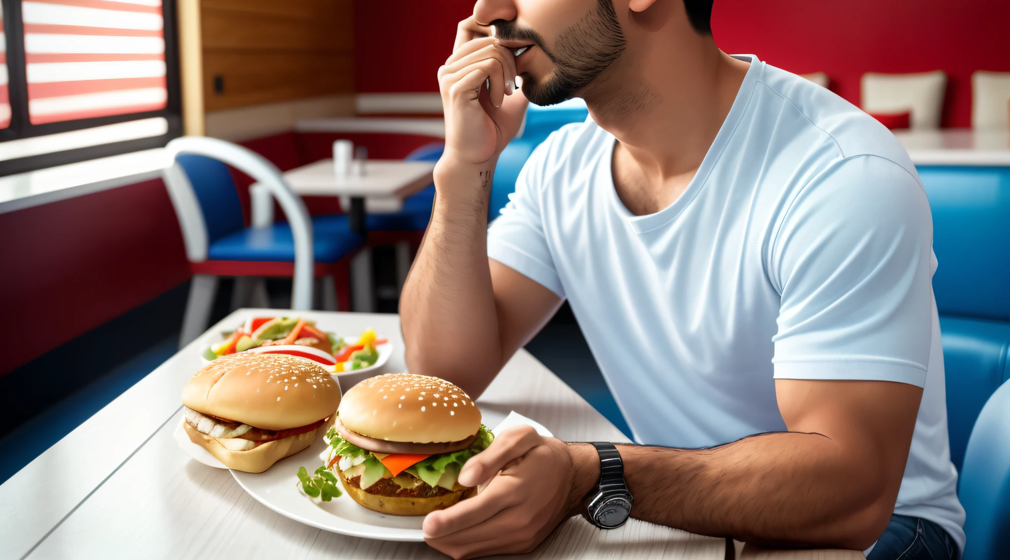 Photo RAW, a 30-year-old man, Brazilian, in casual clothes, short haircut with gradient on the sides, white skin (highly detailed skin: 1.2) slim body, eating a hamburger, background of a modern restaurant with blue and red details, 8k uhd, dslr, soft lighting, high quality, film grain, Fujifilm XT3 --auto --s2
