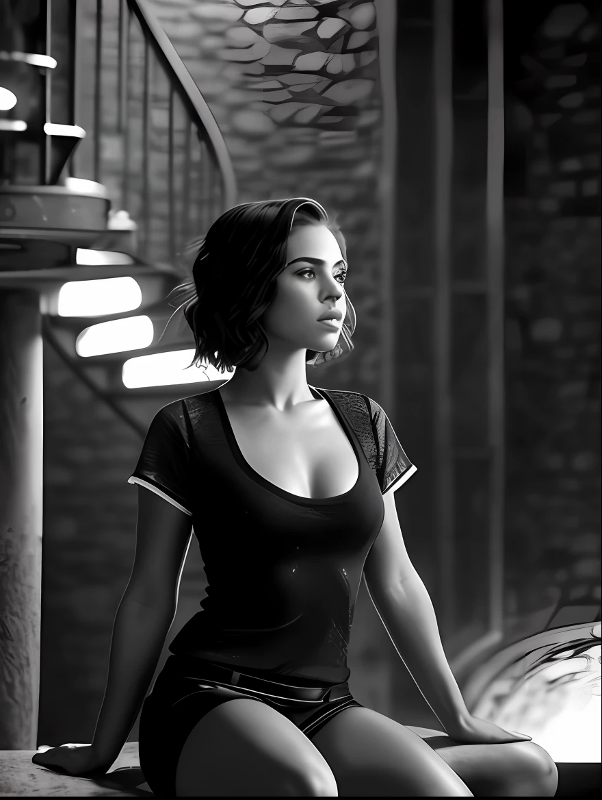 portrait photo of yo short haircut freckles CadeyMerc and Adriana Chechik in short-sleeves nightclub t-shirts, seen 2 meters from above, sitting at infinite spiral staircase atop deep dark void inside infinitely deep cobblestone austrian tower, grayscale, (best quality) (detailed) (8k) (HDR) (wallpaper) (cinematic lighting) (sharp focus) (intricate)
