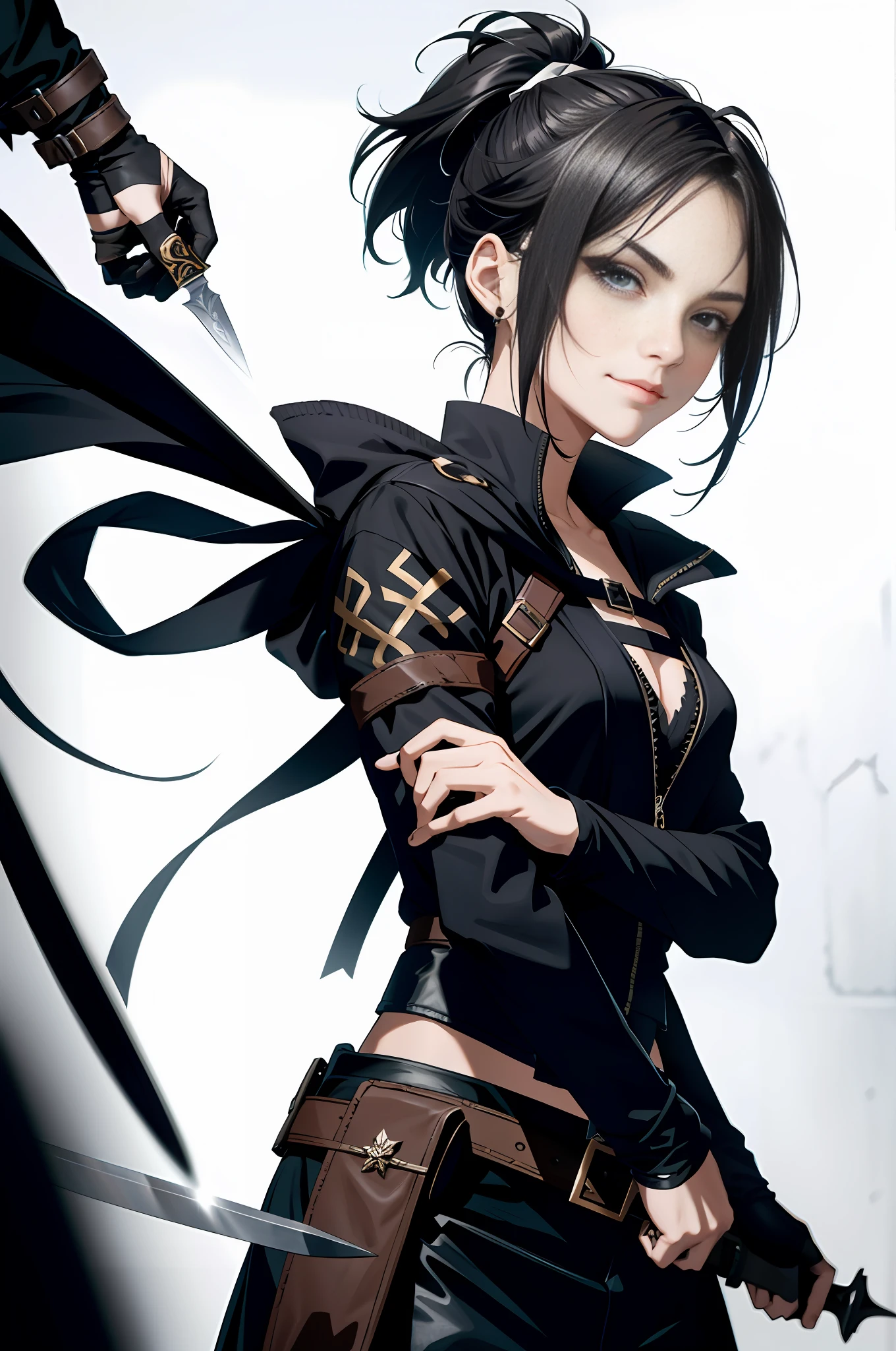 medieval fantasy assassin girl, roleplaying, dark honey hair, short hair ponytail tied, closed clothing, holding knifes, smirk, dystopian clothing, round eyes, perfect face, by artgerm, wloop, bits of color, hand drawing , dark, bold, realistic sketch, rough sketch, mix of dark bold lines and loose lines, bold lines, black gloves, holding,  holding bow, quiver,  black jacket, perfect face