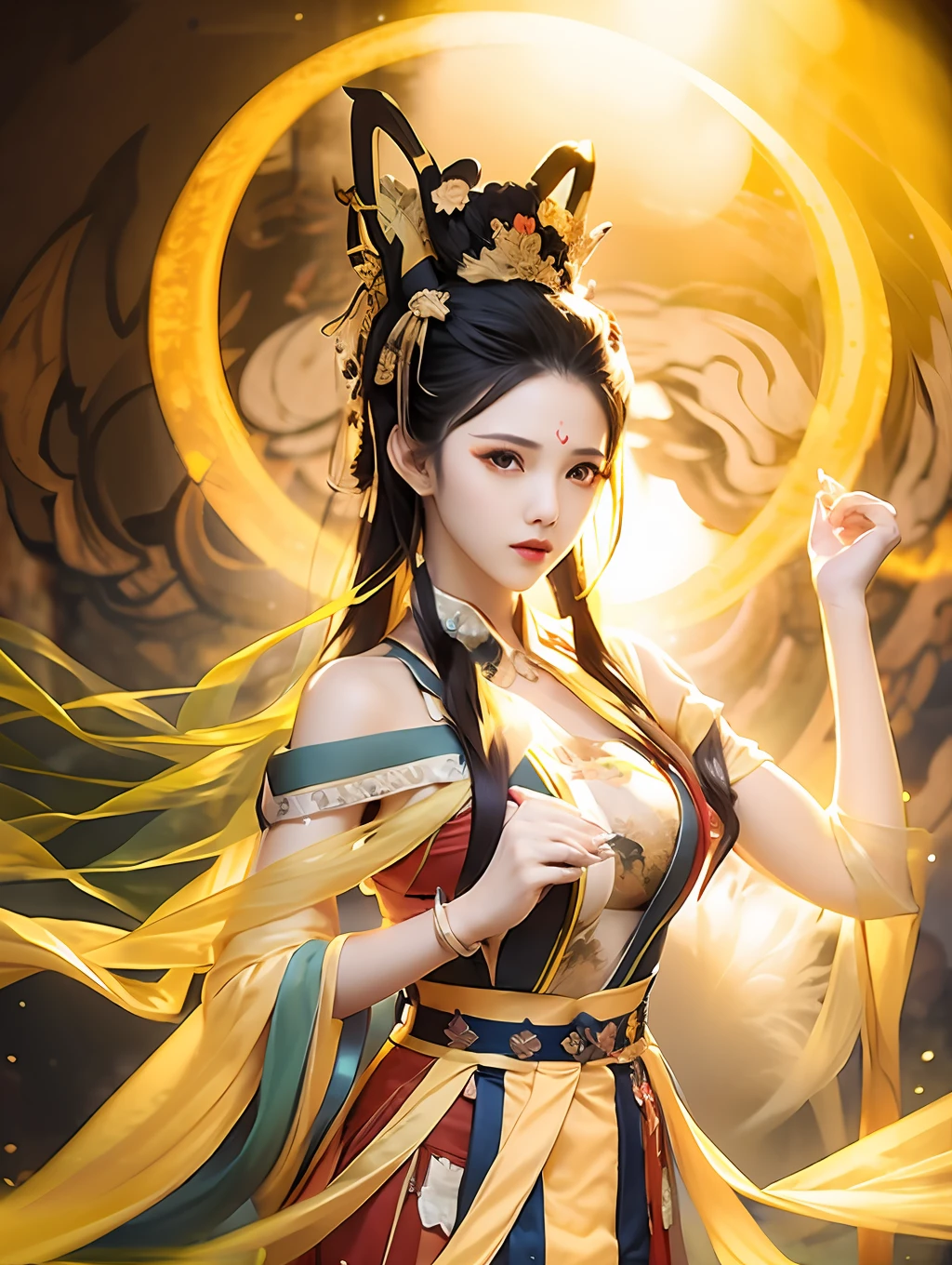 Girl, yellow Hanfu, transparent, long hair shawl, sexy, off-the-shoulder, no headdress, picture quality 8k,