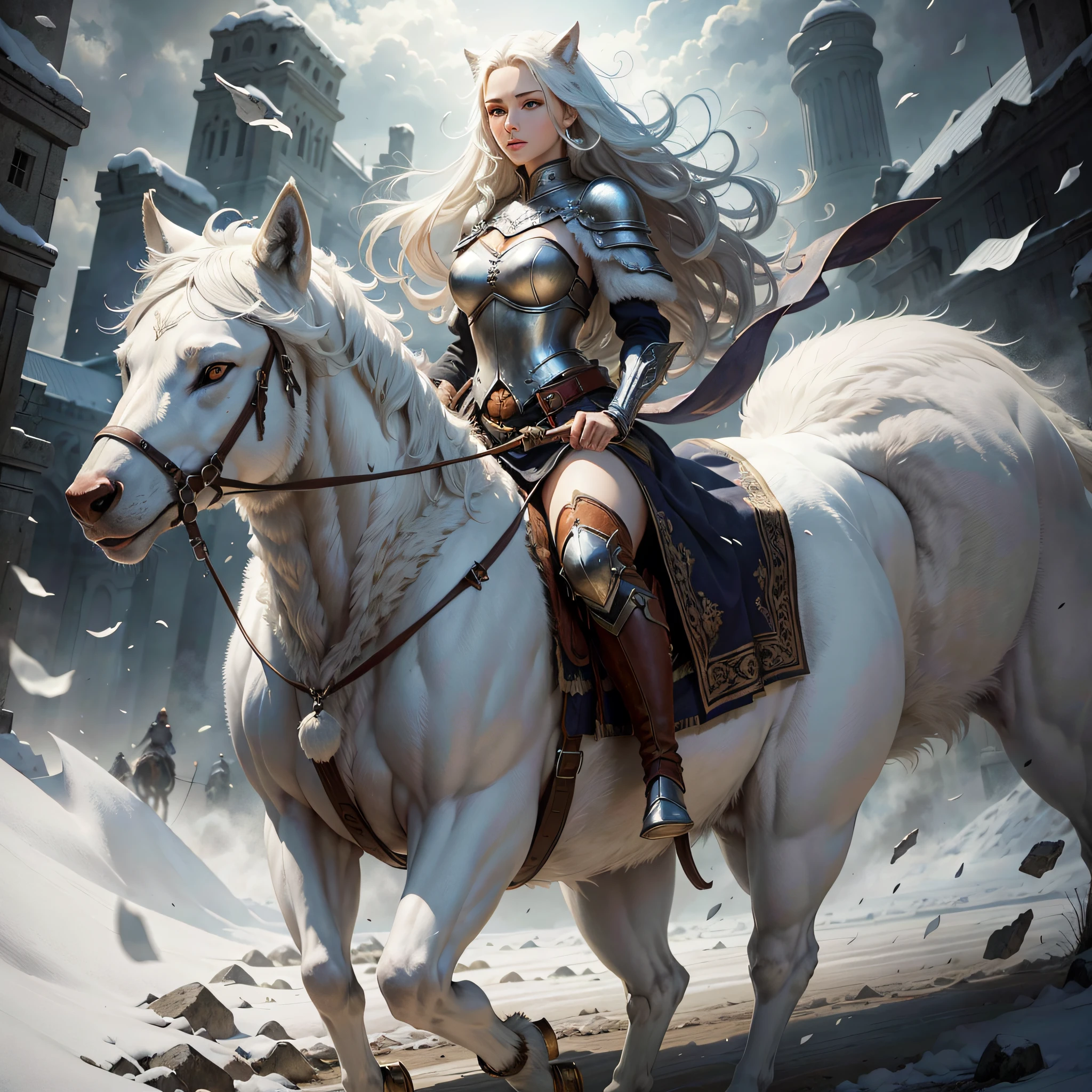 beautiful woman, beautiful face, perfect eyes, riding a gigantic, white wolf, walking with small steps, peeking through the battlefield photorealistic, image perfect, rich in detail, well defined, without defects --auto --s2