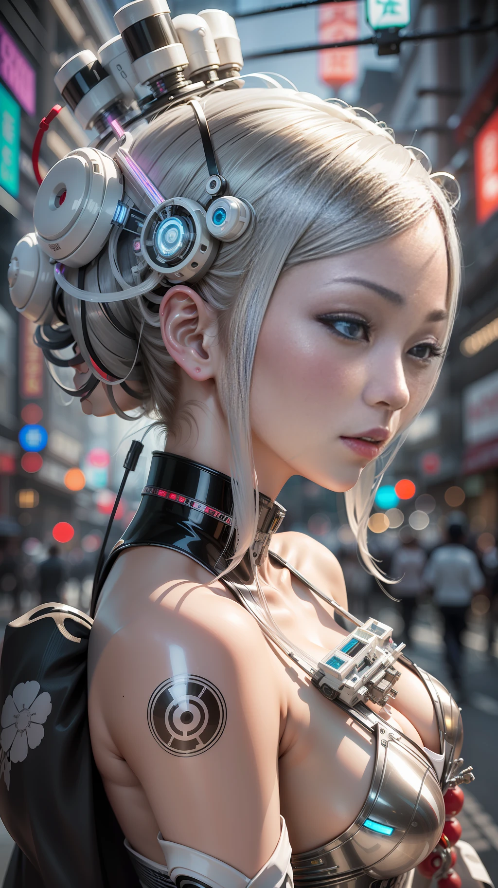 A photograph of Japanese female android made of transparent glass in crowded street, white and silver plastic, geisha makeup and hairstyle, silver metal internal mechanisms, dynamic pose, flowing organic construction, detailed designs, glowing colorful circuitry, colorful neon trim, art by H.R. Giger, Greg Rutowski