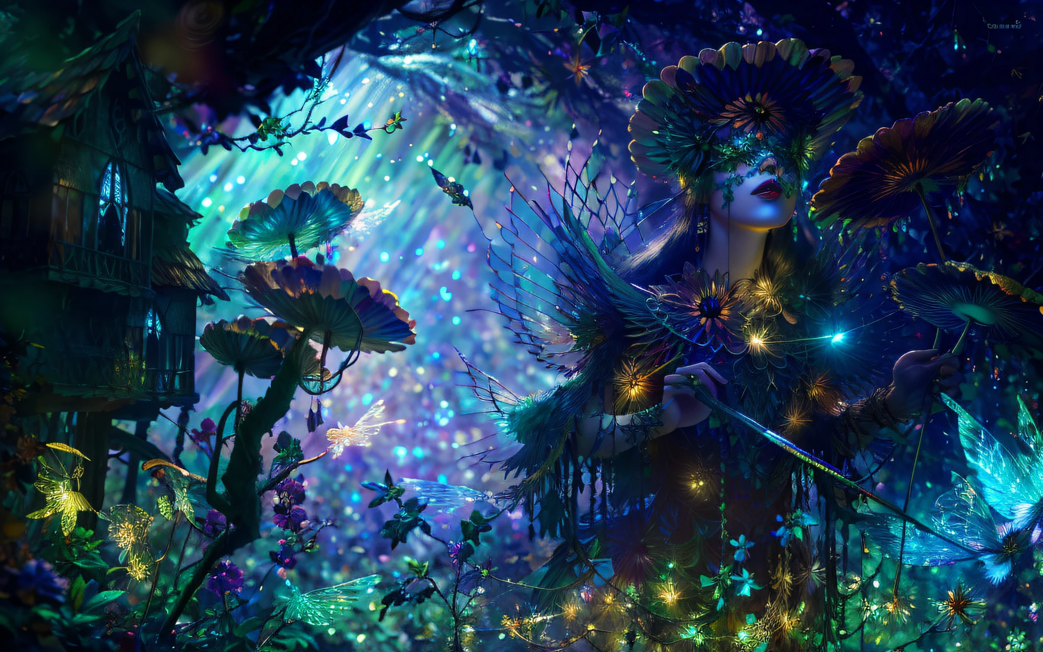 masterpiece, 1fairy, a flying female fairy, perfect face, light, glass tree forest, dramatic lighing, blindfold, ultra detailed, floating glow lights, depth of field, (shining dust)