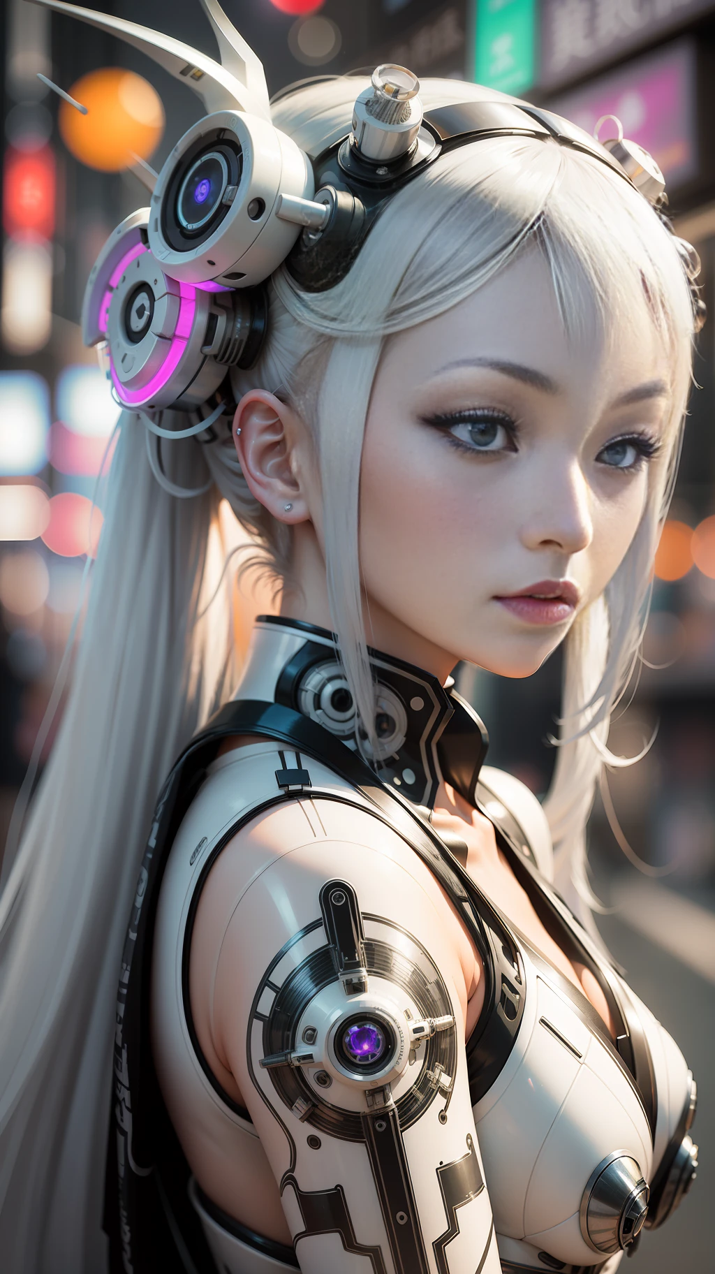 A photograph of Japanese female android made of transparent glass in crowded street, white and silver plastic, geisha makeup and hairstyle, silver metal internal mechanisms, dynamic pose, flowing organic construction, detailed designs, glowing colorful circuitry, colorful neon trim, art by H.R. Giger, Greg Rutowski