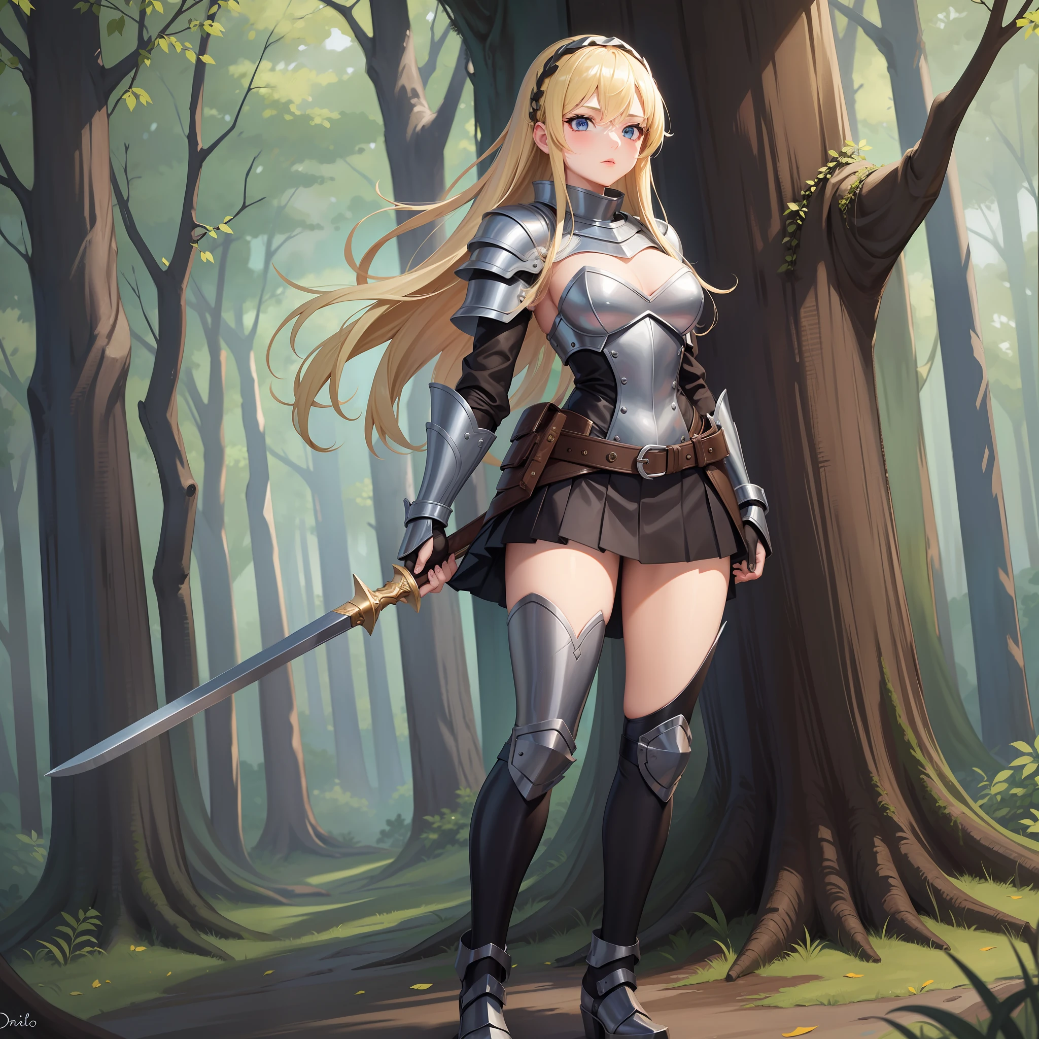Top quality, masterpiece, girl, full body, teen, skirt, skin area, leather armor, blonde, dense forest