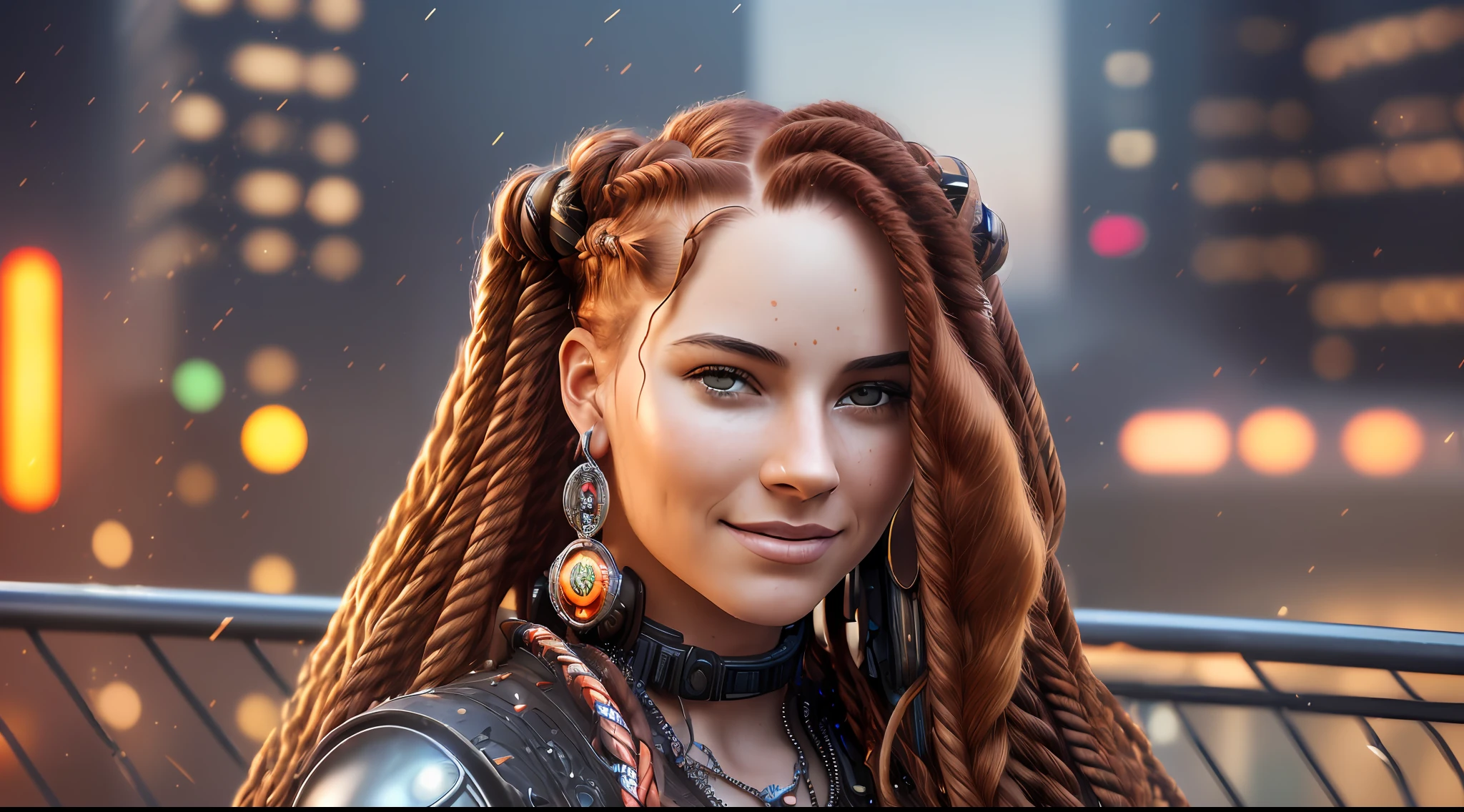 (((An extremely detailed portrait of a beautiful woman with red wavy hair and 2 multicolored braids sitting on a cyberpunk city roof at night wearing a jeweled red metallic dress))) realism, real eyes, smiling, fun, happy, atmospheric lighting, intricate, sensual pose, dramatic fabric, ambient occlusion, volumetric lighting, glamorous, ray tracing, path-tracing, tattoos, professional studio lighting, backlit, hyper detailed effects. Steam coming from holes (background in focus) 8k HD, rendered in 8K resolution for high quality detail, 8K image quality, 8K high resolution image, hyper detailed, super realistic, intricate details