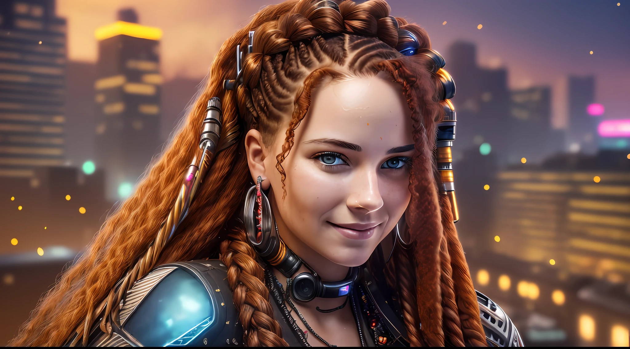 (((An extremely detailed portrait of a beautiful woman with red wavy hair and 2 multicolored braids sitting on a cyberpunk city roof at night wearing a jeweled red metallic dress))) realism, real eyes, smiling, fun, happy, atmospheric lighting, intricate, sensual pose, dramatic fabric, ambient occlusion, volumetric lighting, glamorous, ray tracing, path-tracing, tattoos, professional studio lighting,  backlit, hyper detailed effects. Steam coming from holes (background in focus) 8k HD, rendered in 8K resolution for high quality detail, 8K image quality, 8K high resolution image, hyper detailed, super realistic, intricate details