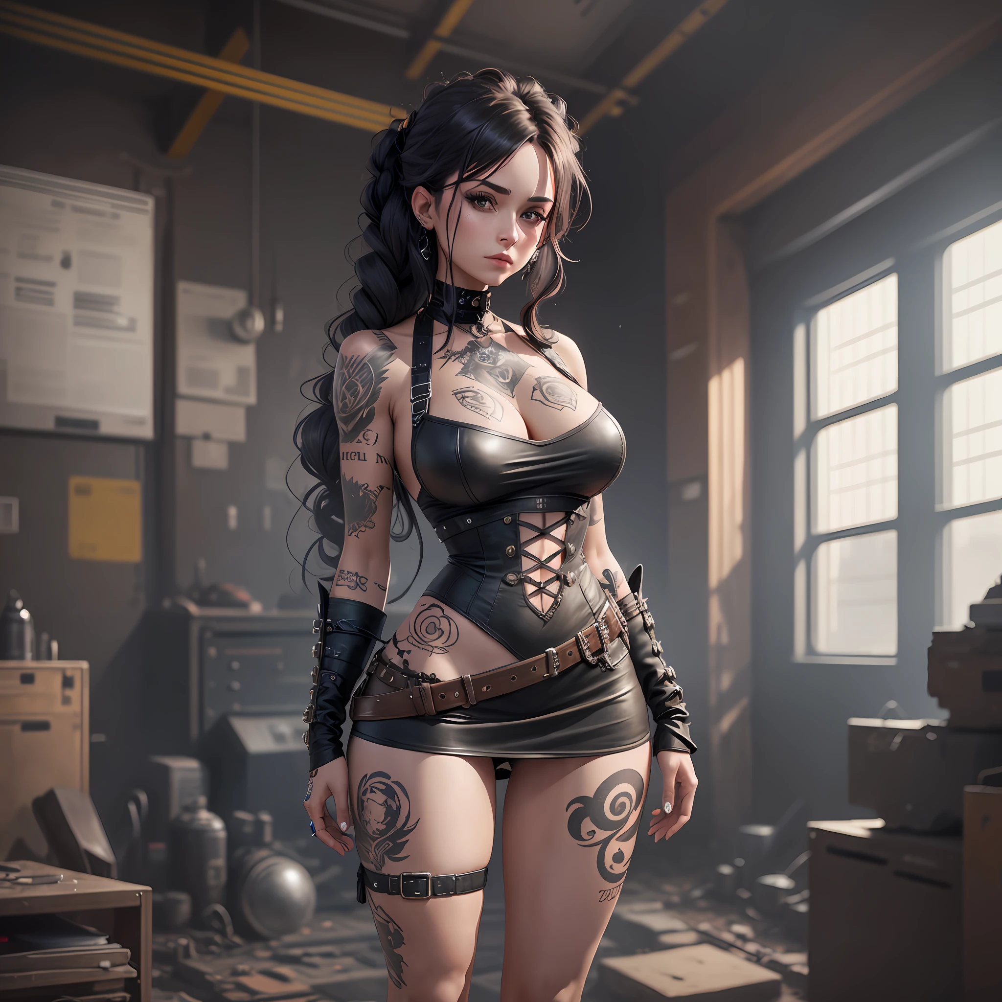 A stampunk woman in a black mini dress, with her hair intertwined, with tattoos in a world created with 8k technology, large breasts, full body.