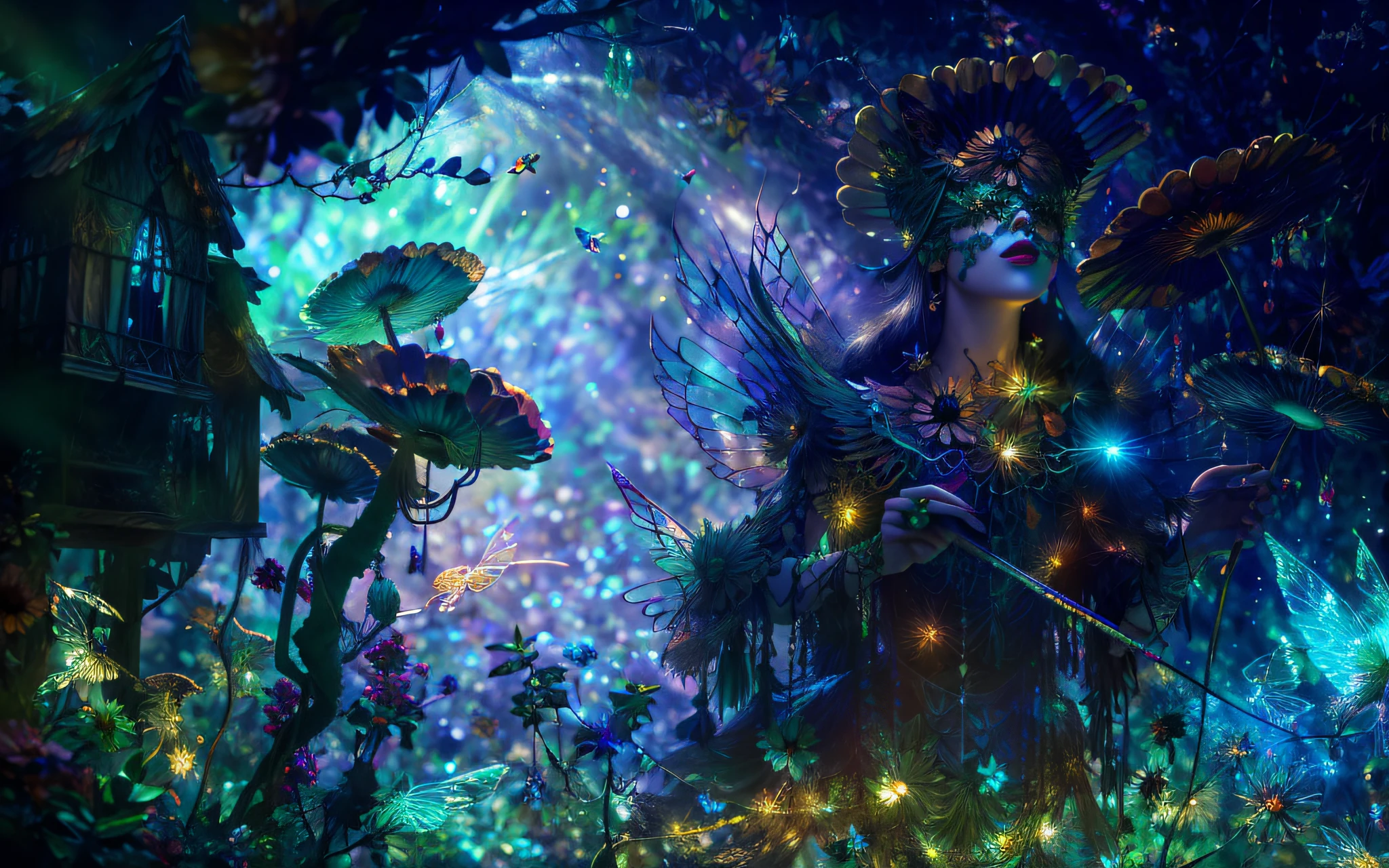 masterpiece, 1fairy, a flying female fairy, perfect face, light, glass tree forest, dramatic lighing, blindfold, ultra detailed, floating glow lights, depth of field, (shining dust)