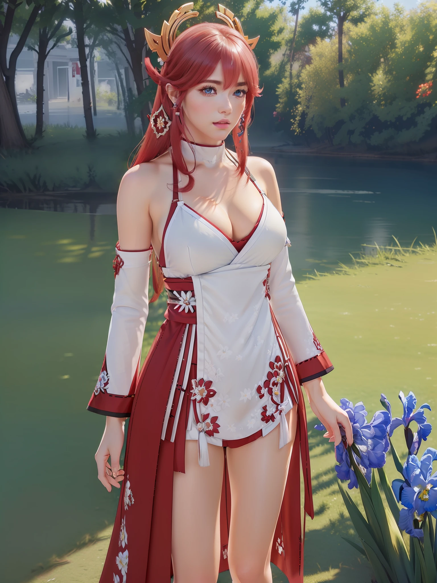 (Yae miko from Genshin Impact:1.5), (Yae miko red and white clothes from Genshin Impact:1.5), closed mouth, sash, serious, solo, (masterpiece, best quality, extremely detailed 8k, ultra hd, ultra-detailed, highly detailed, highly realistic, photo realistic:1.3), (1girl:1.5), (beautiful realistic face, high detailed realistic face:1.3), (high detailed realistic natural red hair, beautiful realistic hairstyle:1.3), (beautiful realistic eyes, high detailed realistic blue eyes, proportional eyes, realistic pupils, high detailed pupils:1.3), (high detailed realistic natural eyebrows), (high detailed realistic lips, beautiful realistic lips, pink lipsticks:1.3), (thick breasts, high proportional realistic breasts, realistic big breasts:1.4), (upper body from head to thighs, slender body:1.5), (clarity:1.1), highly detailed realistic skin, sharp focus, (no bra:1.5), lingerie, thick thighs, outdoor, (RAW, analogue, Nikon Z 14mm ultra-wide angle lens, award-winning glamour photograph, subsurface scattering, radiant light rays, high-res, detailed facial features, smooth, aesthetic, extremely detailed, (extremely detailed eyes, extremely detailed iris, extremely detailed pupils), extremely detailed hair, extremely detailed skin, extremely detailed clothes, octane render, photorealistic, realistic, post-processing, max detail, realistic shadows, roughness, natural skin texture, real life, ultra-realistic, photorealism, photography, 8k UHD, photography, hdr, elegant, stunning, beautiful, gorgeous), illustration, stencil, [(colorful explosion psychedelic paint colors:1.21)::0.2], colorful, blowout hair, (secret:0.9),
