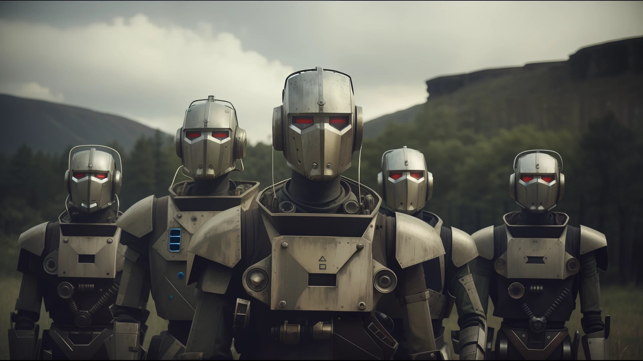 there are two robots that are standing next to each other, by emmanuel lubezki, dieselpunk style, featured on vimeo, а fantasy proto-slavic mythology, steam punk party, war boys, forest punk, high collar, by Matt Stewart, cory behance hd, by David Firth, —n 9, high resolution film still, heilung
