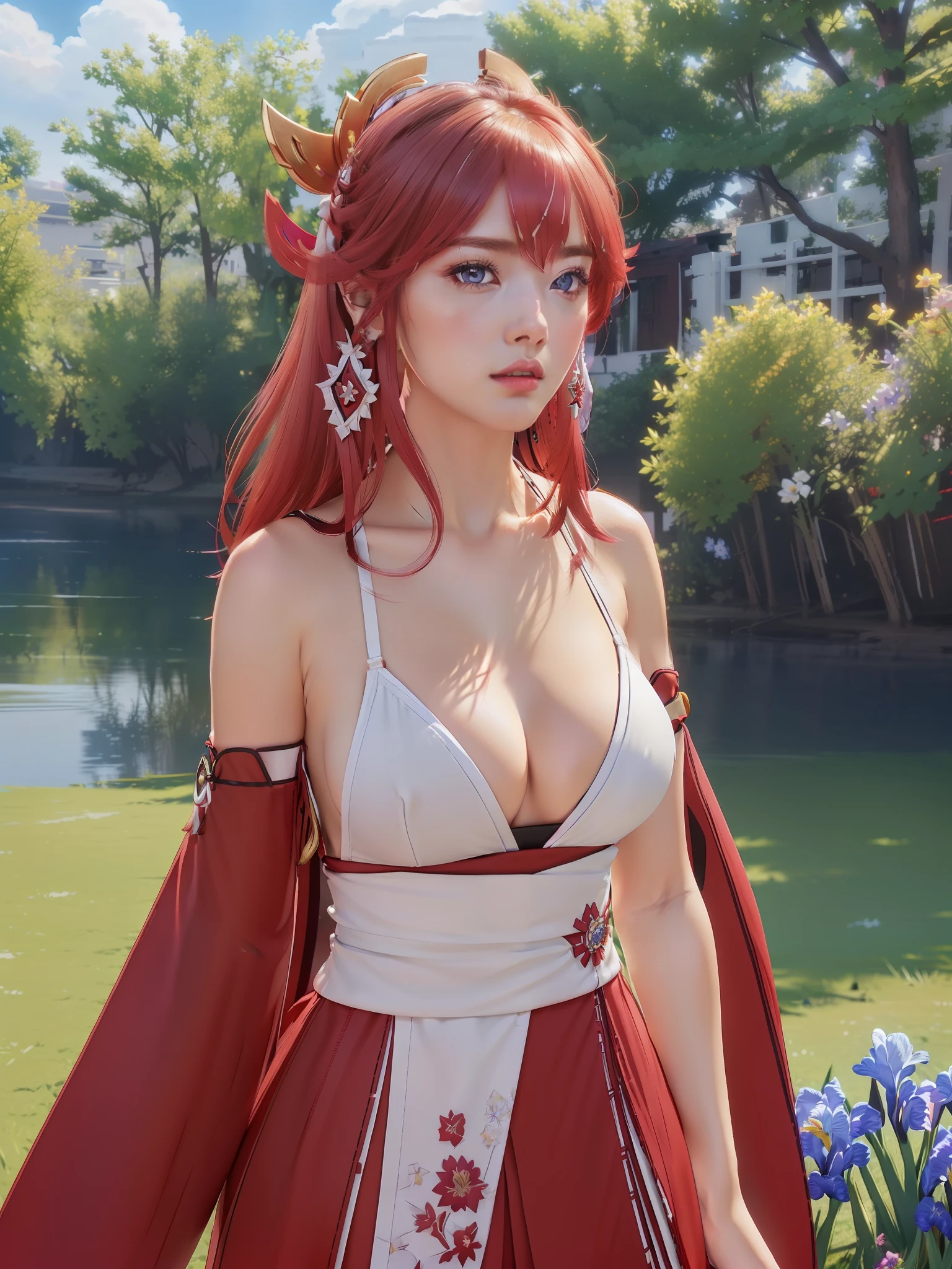 (Yae miko from Genshin Impact:1.5), (Yae miko red and white clothes from Genshin Impact:1.5), closed mouth, sash, serious, solo, (masterpiece, best quality, extremely detailed 8k, ultra hd, ultra-detailed, highly detailed, highly realistic, photo realistic:1.3), (1girl:1.5), (beautiful realistic face, high detailed realistic face:1.3), (high detailed realistic natural red hair, beautiful realistic hairstyle:1.3), (beautiful realistic eyes, high detailed realistic blue eyes, proportional eyes, realistic pupils, high detailed pupils:1.3), (high detailed realistic natural eyebrows), (high detailed realistic lips, beautiful realistic lips, pink lipsticks:1.3), (thick breasts, high proportional realistic breasts, realistic big breasts:1.4), (upper body from head to thighs, slender body:1.5), (clarity:1.1), highly detailed realistic skin, sharp focus, (no bra:1.5), lingerie, thick thighs, outdoor, (RAW, analogue, Nikon Z 14mm ultra-wide angle lens, award-winning glamour photograph, subsurface scattering, radiant light rays, high-res, detailed facial features, smooth, aesthetic, extremely detailed, (extremely detailed eyes, extremely detailed iris, extremely detailed pupils), extremely detailed hair, extremely detailed skin, extremely detailed clothes, octane render, photorealistic, realistic, post-processing, max detail, realistic shadows, roughness, natural skin texture, real life, ultra-realistic, photorealism, photography, 8k UHD, photography, hdr, elegant, stunning, beautiful, gorgeous), illustration, stencil, [(colorful explosion psychedelic paint colors:1.21)::0.2], colorful, blowout hair, (secret:0.9),