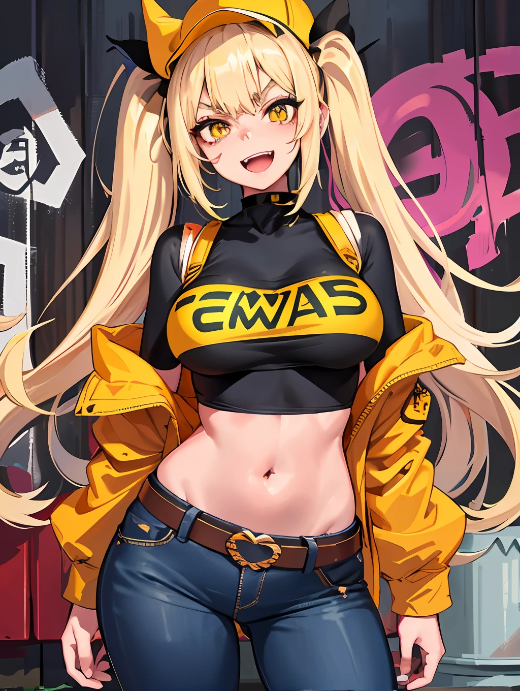 Original Character, Volumetric Lighting, Best Shadows, Shallow Depth of Field, Portrait Of Stunningly Beautiful Girl, Petite, Delicate Beautiful Attractive Face With Alluring Yellow Eyes, Messy Painted Face, Sharp Eyebrows, Broadly Smiling, Open Mouth, Fangs Out, Lovely Medium Breasts, Layered Long Twintail Blond Hair, Blush Eyeshadow, Thick Eyelashes, Applejack Hat, Oversized Pop Jacket, Mini Underboob Tee, Open Navel, Slim Waist, Denim Jeans Pants, With Buckle Belt, In The Graffiti Alley, Waste Container, Outside Stairs, Outdoor Unit, Holding Spray Paint Can, Standing, (Highest Quality, Amazing Details:1.25), (Solo:1.3), Brilliant Colorful Paintings
