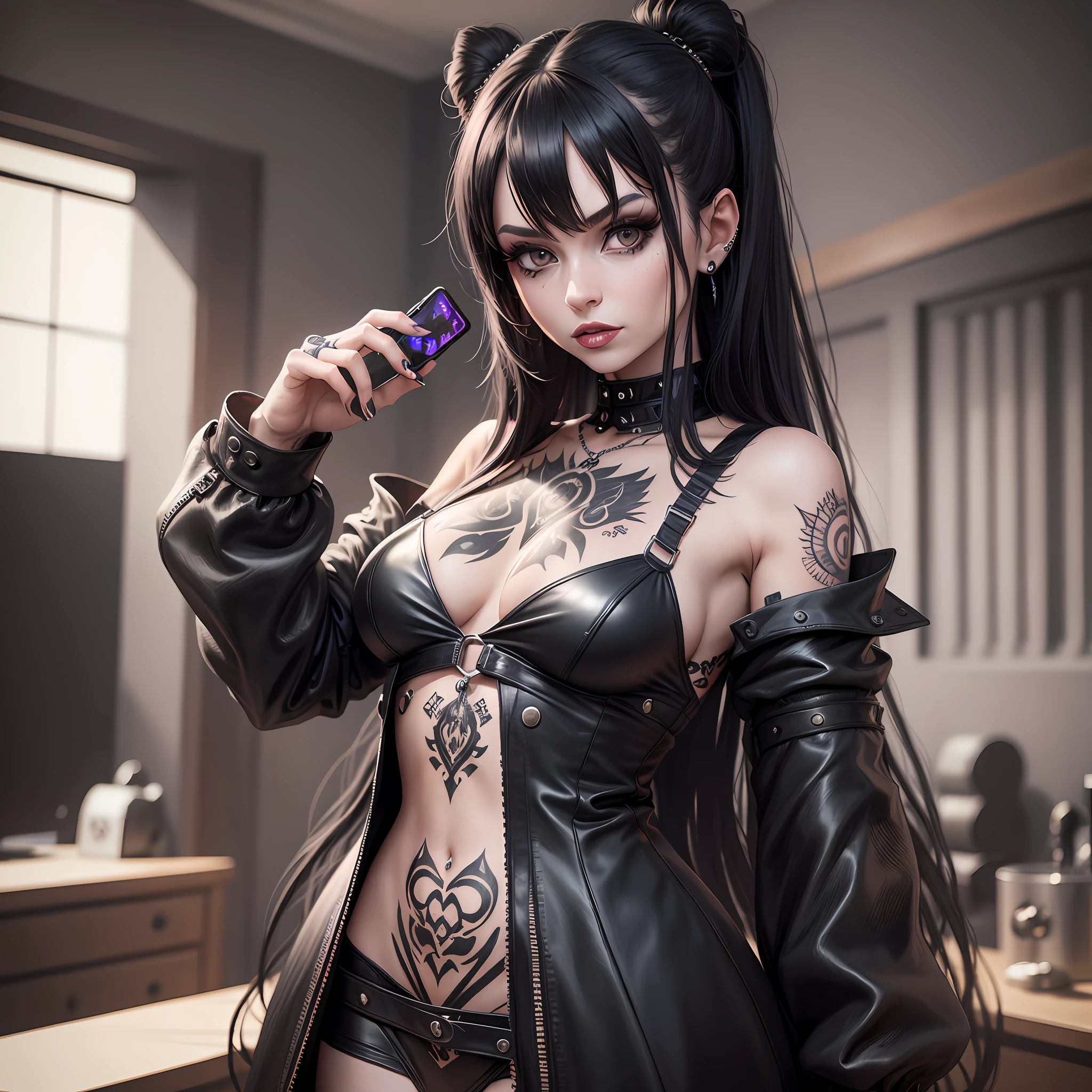A goth woman in a black mini dress, with long hair, with tattoos in a world created with 8K technology.