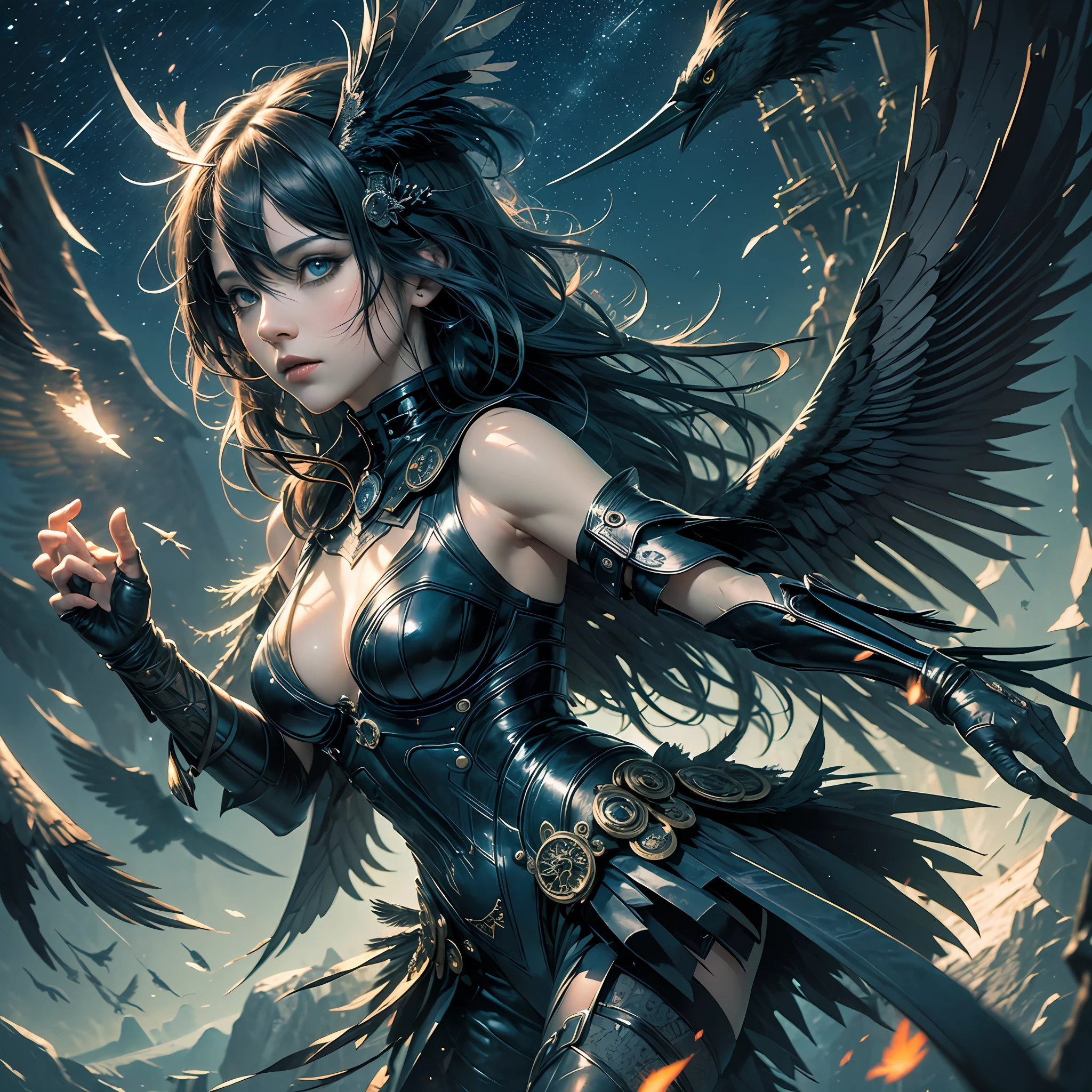 (extremely detailed CG, best quality, masterpiece), high resolution, dynamic pose, one girl, black crow, dark atmosphere, feathers, beak, sharp, mysterious expression, moonlight, translucent wings, floating, dark blue sky, night scene