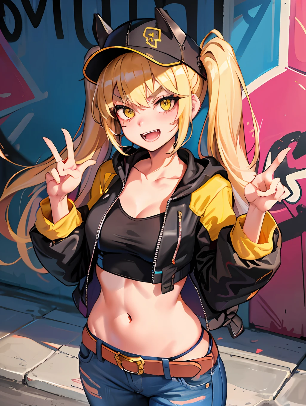 Original Character, Volumetric Lighting, Best Shadows, Shallow Depth of Field, Portrait Of Stunningly Beautiful Girl, Petite, Delicate Beautiful Attractive Face With Alluring Yellow Eyes, Messy Painted Face, Sharp Eyebrows, Broadly Smiling, Open Mouth, Fangs Out, Lovely Medium Breasts, Layered Long Twintail Blond Hair, Blush Eyeshadow, Thick Eyelashes, Applejack Hat, Oversized Pop Jacket, Mini Underboob Tee, Open Navel, Slim Waist, Denim Jeans Pants, With Buckle Belt, In The Graffiti Alley, Waste Container, Outside Stairs, Outdoor Unit, Holding Spray Paint Can, Standing, (Highest Quality, Amazing Details:1.25), (Solo:1.3), Brilliant Colorful Paintings
