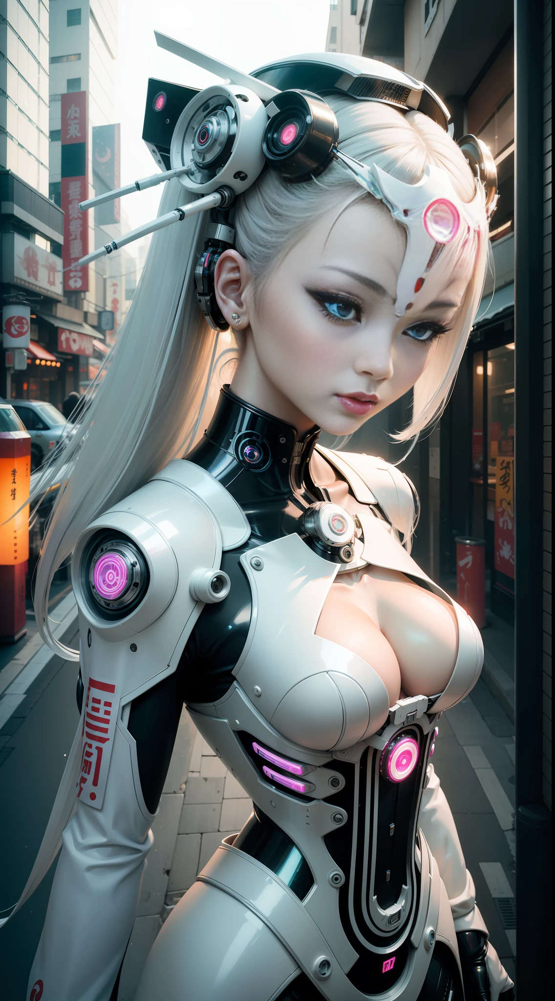 A photograph of Japanese female android made of transparent glass in city streets, white and silver plastic, geisha makeup and hairstyle, silver metal internal mechanisms, dynamic pose, flowing organic construction, detailed designs, glowing colorful circuitry, colorful neon trim, art by H.R. Giger, Greg Rutowski