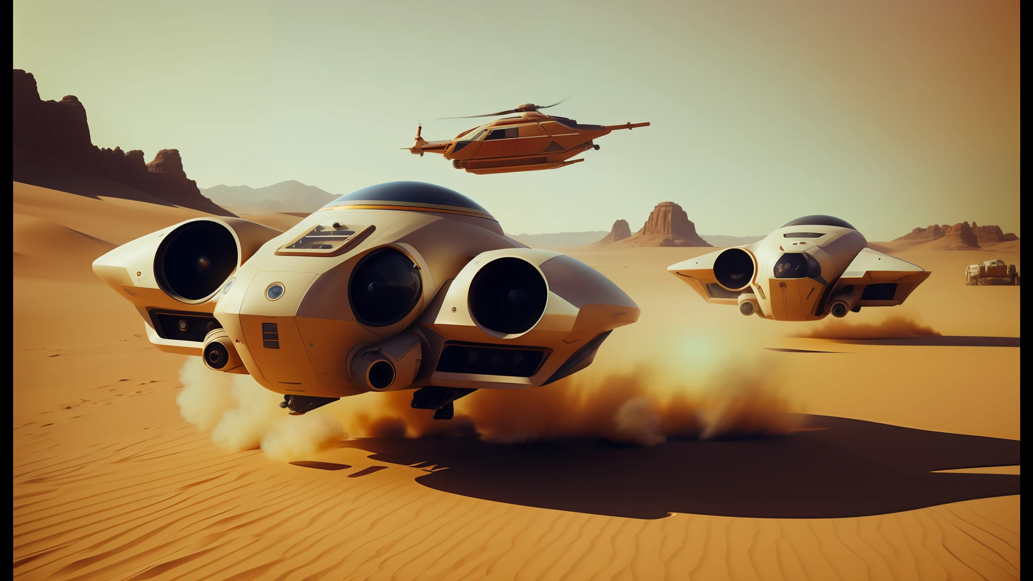spaceships in the desert with a helicopter flying overhead, behance 3d, panoramic anamorphic, from a 2 0 1 9 sci fi 8 k movie, cute future vehicles, beautiful sci - fi twins, fabian wagner cinematography, inspired by Dave Dorman, speeder, by Paul Kelpe, keyshot, by Werner Tübke