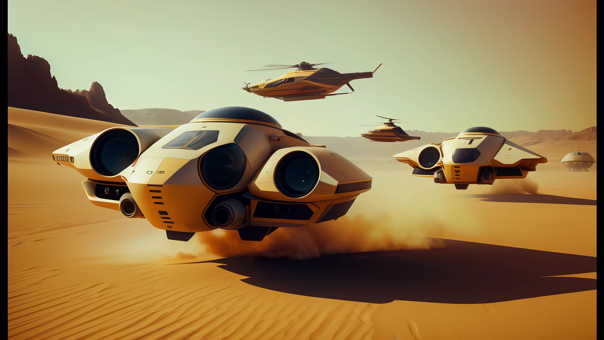 spaceships in the desert with a helicopter flying overhead, behance 3d, panoramic anamorphic, from a 2 0 1 9 sci fi 8 k movie, cute future vehicles, beautiful sci - fi twins, fabian wagner cinematography, inspired by Dave Dorman, speeder, by Paul Kelpe, keyshot, by Werner Tübke