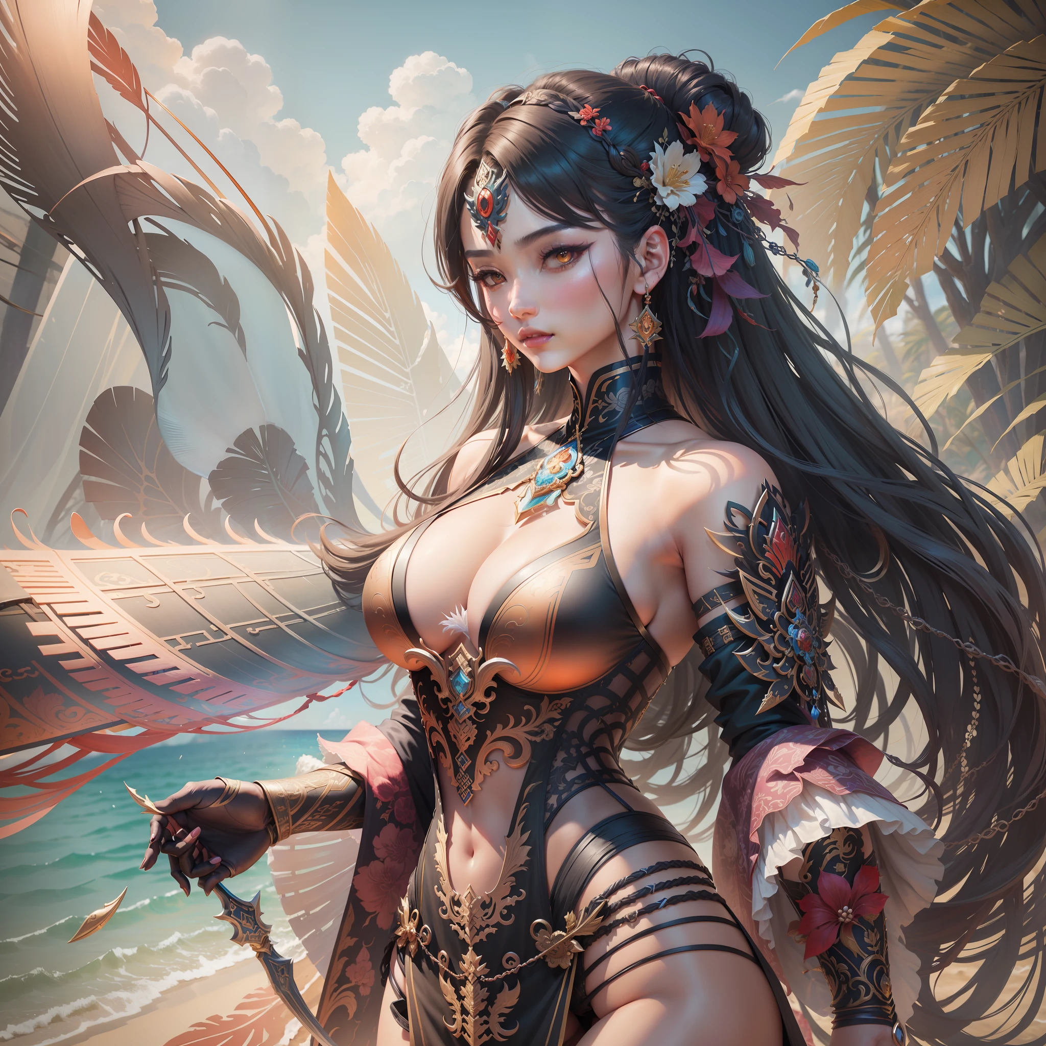 a closeup of a woman in a beach suit, a beautiful demon warrior Slayers, inspired by Lan Ying, ((a beautiful hunter)), inspired by Du Qiong, inspired by Ju Lian, inspired by Pu Hua, chengwei pan on artstation, beautiful character painting, inspired by Wu Bin, by Yang J beach background