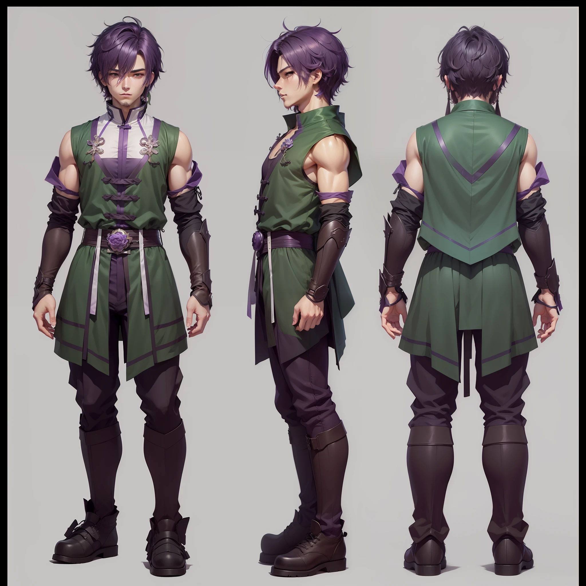 (High quality, colored, 8K CG, 2D), same male character, (short purple hair: 0.95, green Chinese style: 1.1), beautiful manga style CG illustration example.