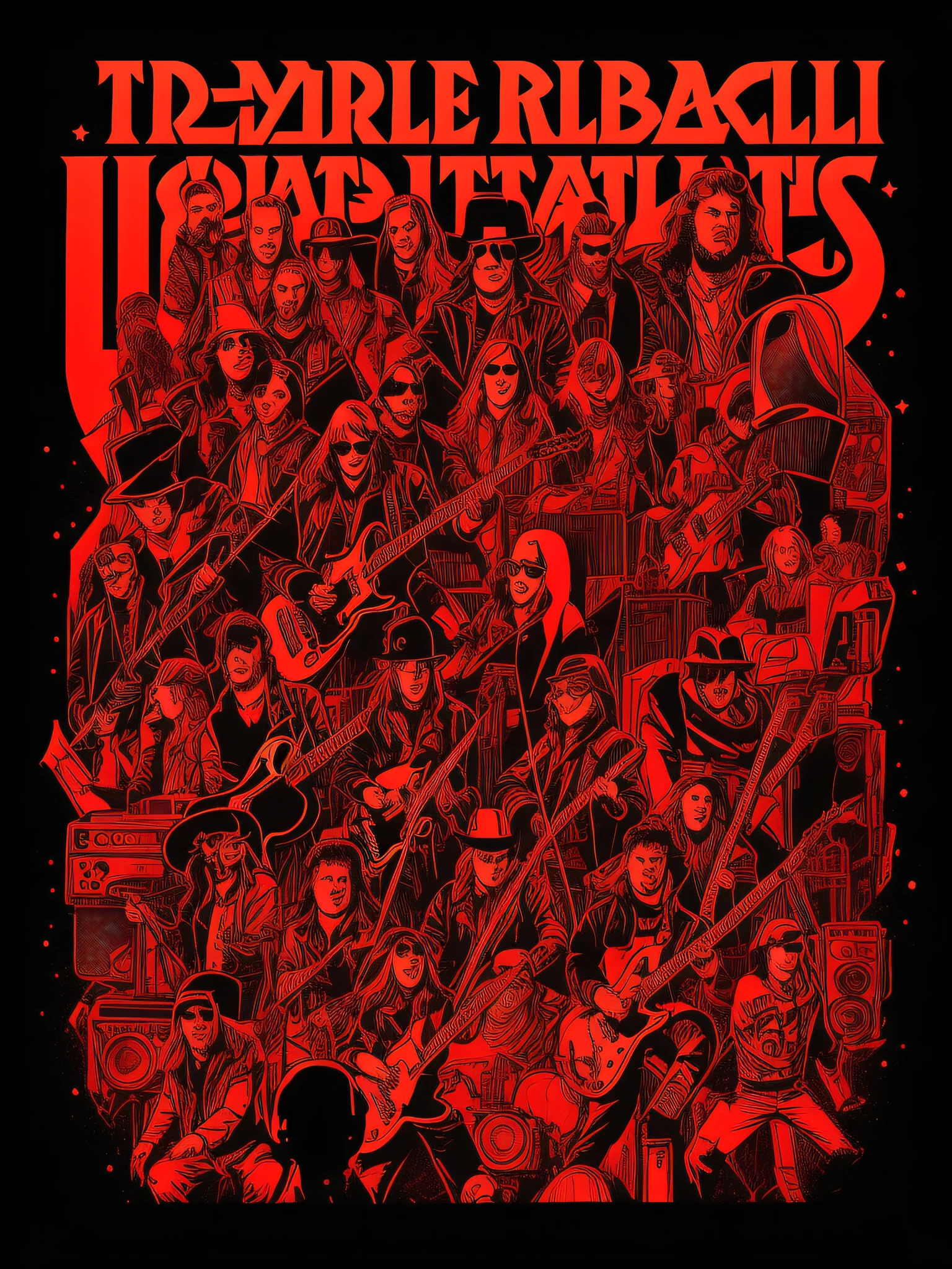 (illustration with excellent quality), T-shirt print of people who love rock 'n roll, rebellious attitude, dress to character, electric guitar and valve amplifier (tube amp), stage with show, strobe light, board with pentagram, emotion, animated crowd, high contrast, sharp contours, shades of black and red.