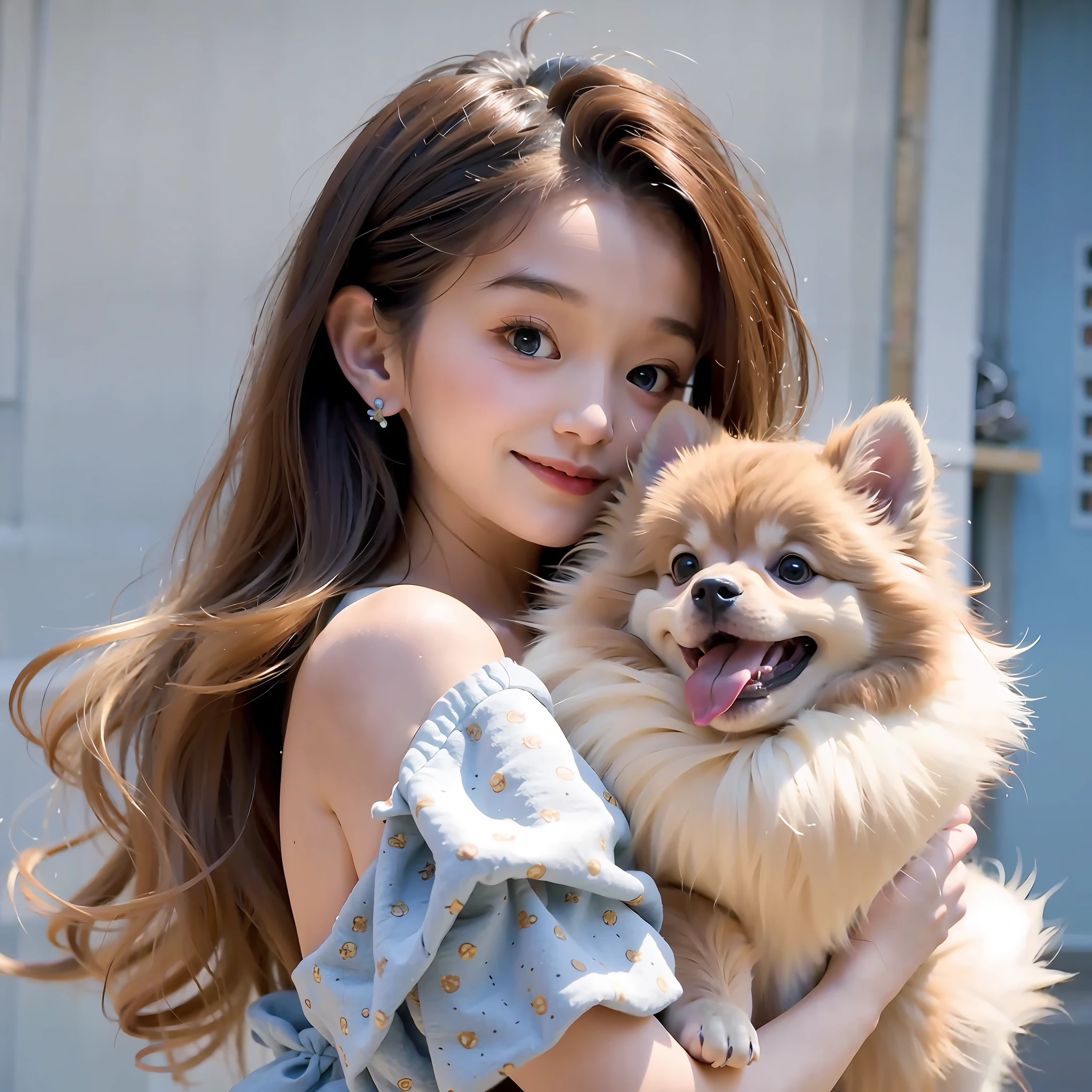 araffe with long hair and a dress holding a dog, adorable digital painting, cute digital art, realistic cute girl painting, artwork in the style of guweiz, cute detailed digital art, realistic art style, kawaii realistic portrait, wlop and ross tran, realistic anime artstyle, realistic anime art style, cute dog, realistic anime 3 d style