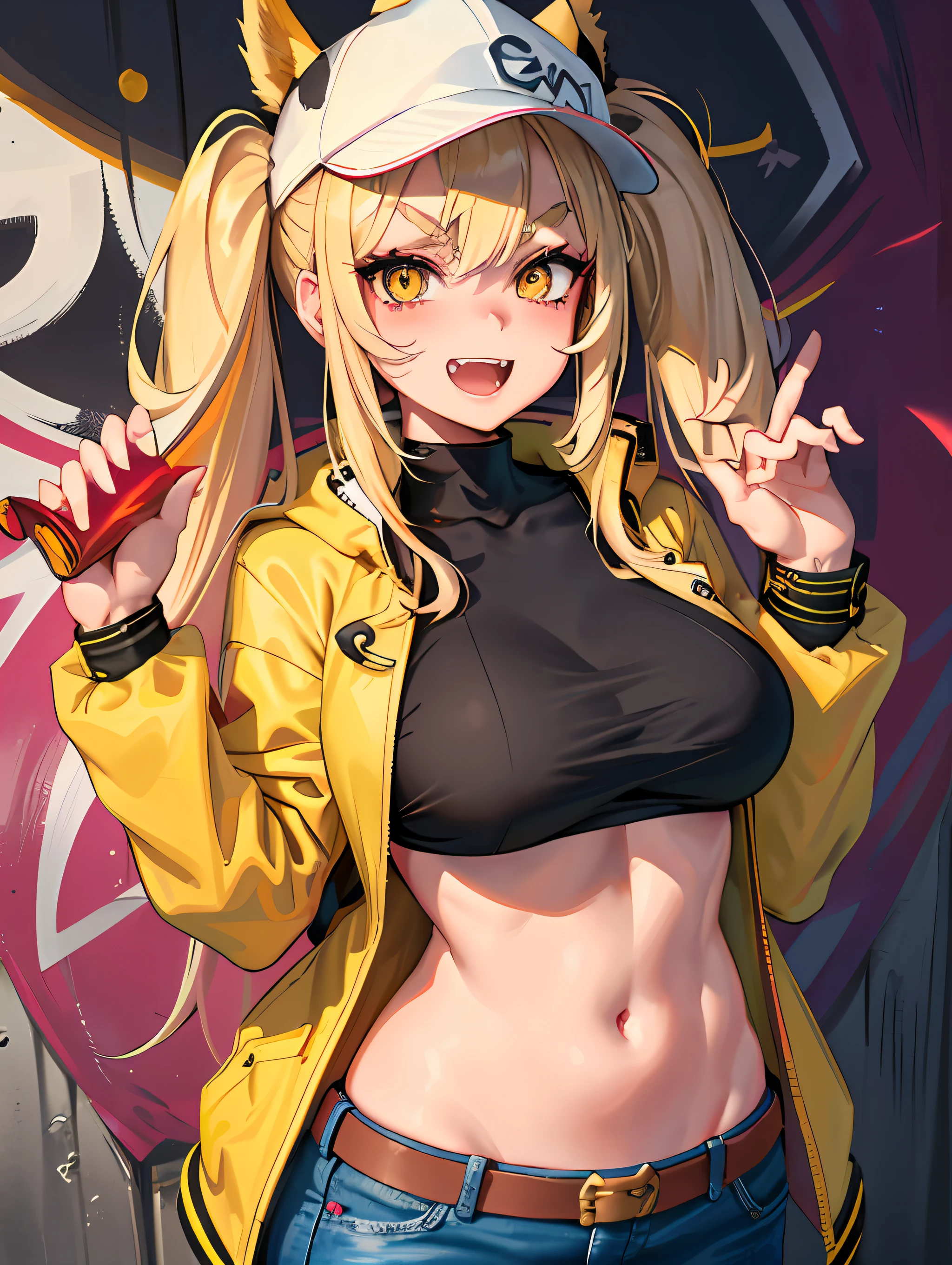 Original Character, Volumetric Lighting, Best Shadows, Shallow Depth of Field, Portrait Of Stunningly Beautiful Girl, Petite, Delicate Beautiful Attractive Face With Alluring Yellow Eyes, Messy Painted Face, Sharp Eyebrows, Broadly Smiling, Open Mouth, Fangs Out, Lovely Medium Breasts, Layered Long Twintail Blond Hair, Blush Eyeshadow, Thick Eyelashes, Applejack Hat, Oversized Pop Jacket, Mini Underboob Tee, Open Navel, Slim Waist, Denim Jeans Pants, With Buckle Belt, In The Graffiti Alley, Waste Container, Outside Stairs, Outdoor Unit, Holding Spray Paint Can, Standing, (Highest Quality, Amazing Details:1.25), (Solo:1.3), Brilliant Colorful Paintings