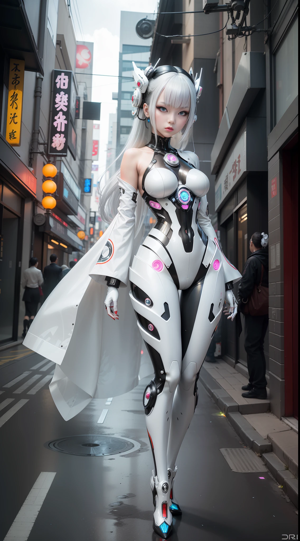 A photograph of Japanese female android made of transparent glass in city streets, white and silver plastic, geisha makeup and hairstyle, silver metal internal mechanisms, dynamic pose, flowing organic construction, detailed designs, glowing colorful circuitry, colorful neon trim, art by H.R. Giger, Greg Rutowski