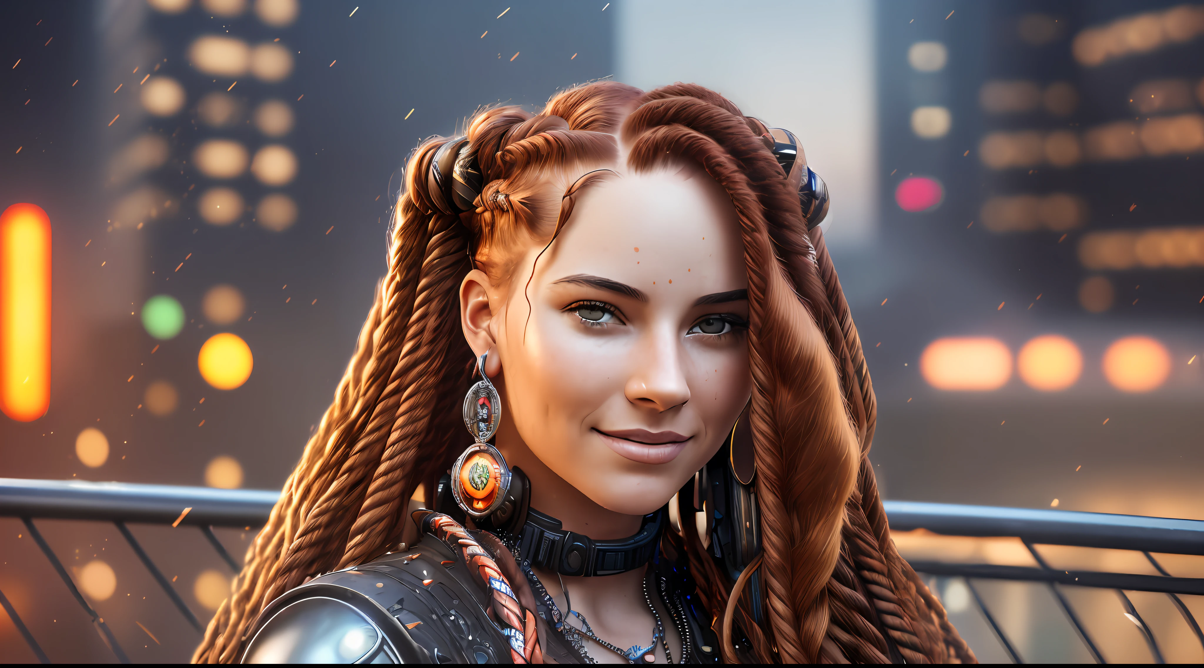 (((An extremely detailed portrait of a beautiful woman with red wavy hair and 2 multicolored braids sitting on a cyberpunk city roof at night wearing a jeweled red metallic dress))) realism, real eyes, smiling, fun, happy, atmospheric lighting, intricate, sensual pose, dramatic fabric, ambient occlusion, volumetric lighting, glamorous, ray tracing, path-tracing, tattoos, professional studio lighting, backlit, hyper detailed effects. Steam coming from holes (background in focus) 8k HD, rendered in 8K resolution for high quality detail, 8K image quality, 8K high resolution image, hyper detailed, super realistic, intricate details
