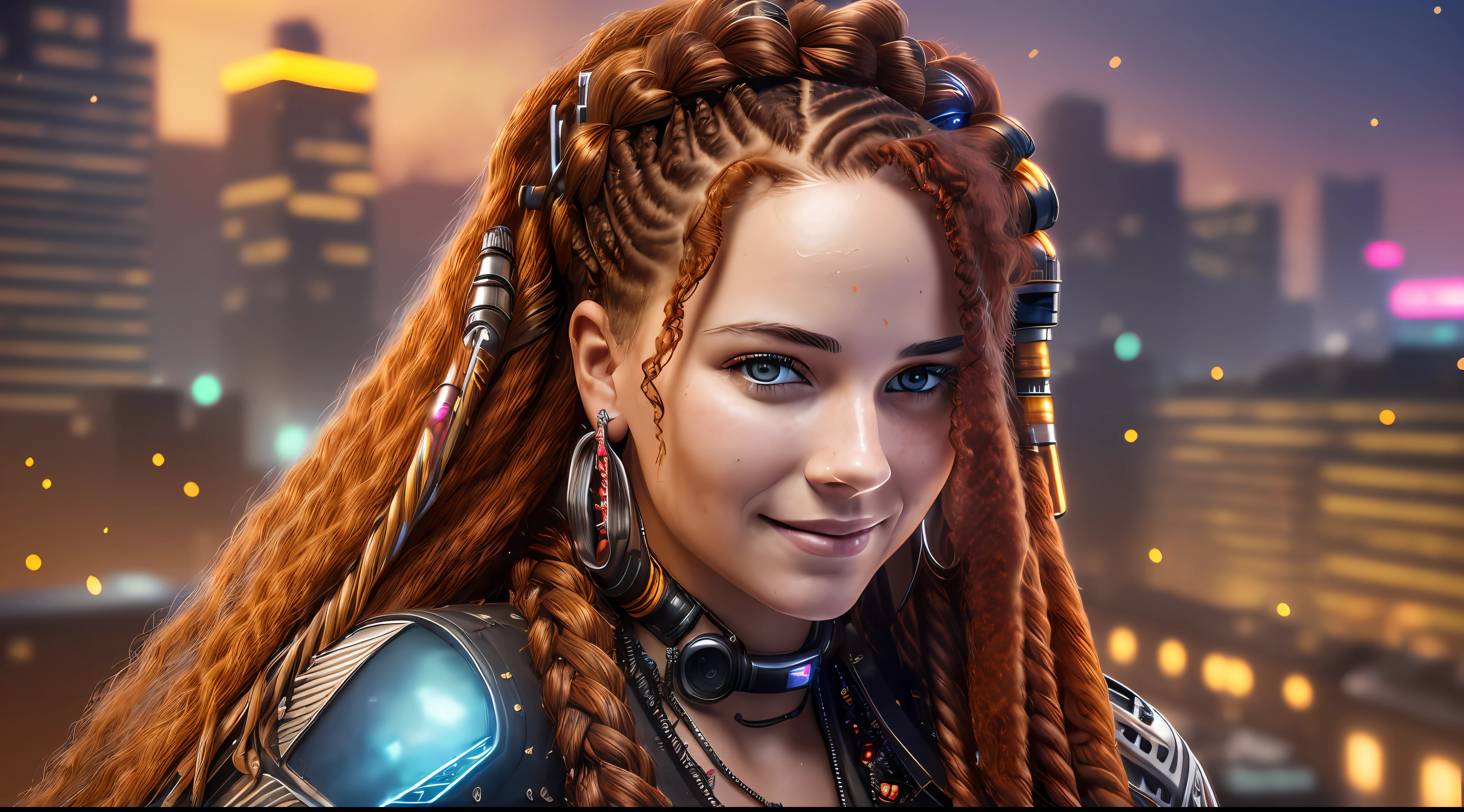(((An extremely detailed portrait of a beautiful woman with red wavy hair and 2 multicolored braids sitting on a cyberpunk city roof at night wearing a jeweled red metallic dress))) realism, real eyes, smiling, fun, happy, atmospheric lighting, intricate, sensual pose, dramatic fabric, ambient occlusion, volumetric lighting, glamorous, ray tracing, path-tracing, tattoos, professional studio lighting, backlit, hyper detailed effects. Steam coming from holes (background in focus) 8k HD, rendered in 8K resolution for high quality detail, 8K image quality, 8K high resolution image, hyper detailed, super realistic, intricate details