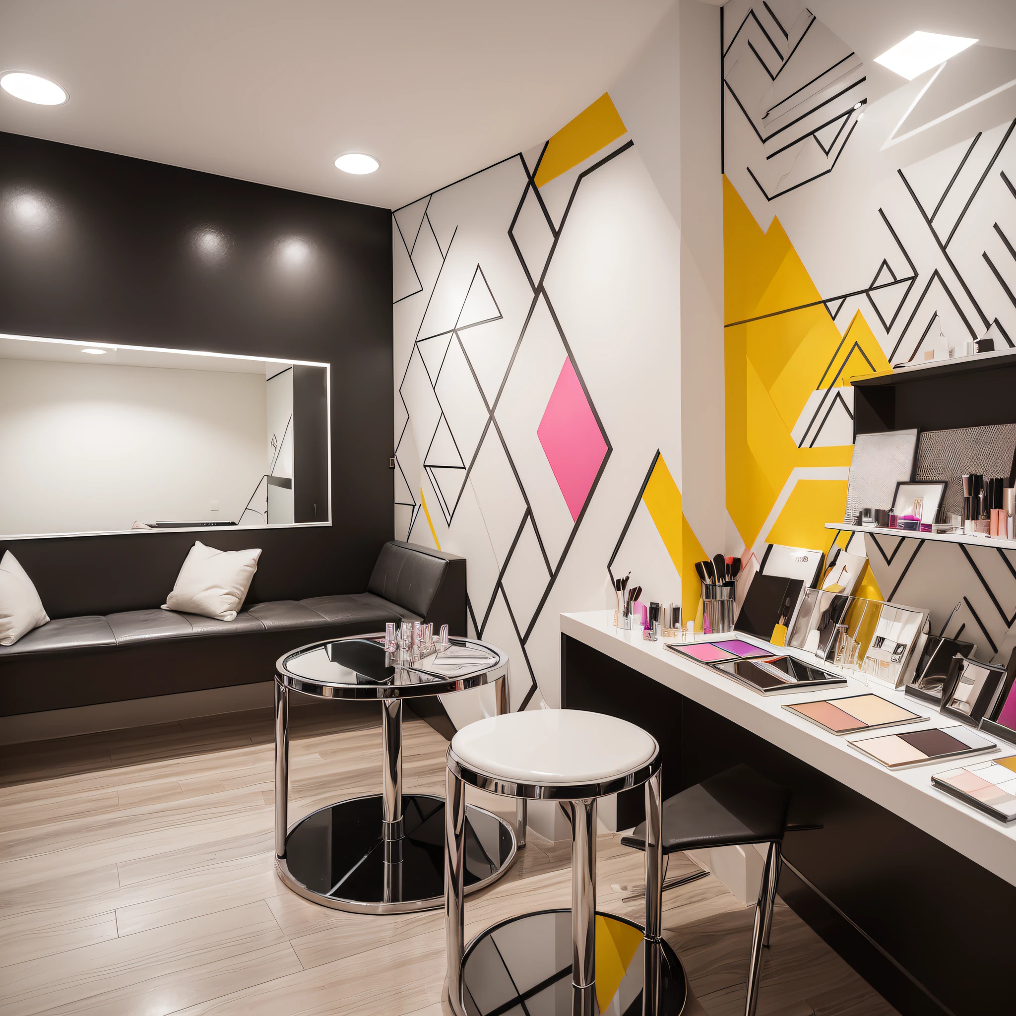 (interior design:1.3) of a makeup studio, bright color scheme, modern design, (geometric shapes:1.2), glossy surfaces, (clean and minimalist:1.2), (logo on the wall:1.2), high ceiling, comfortable seating, plenty of natural light. --auto --s2