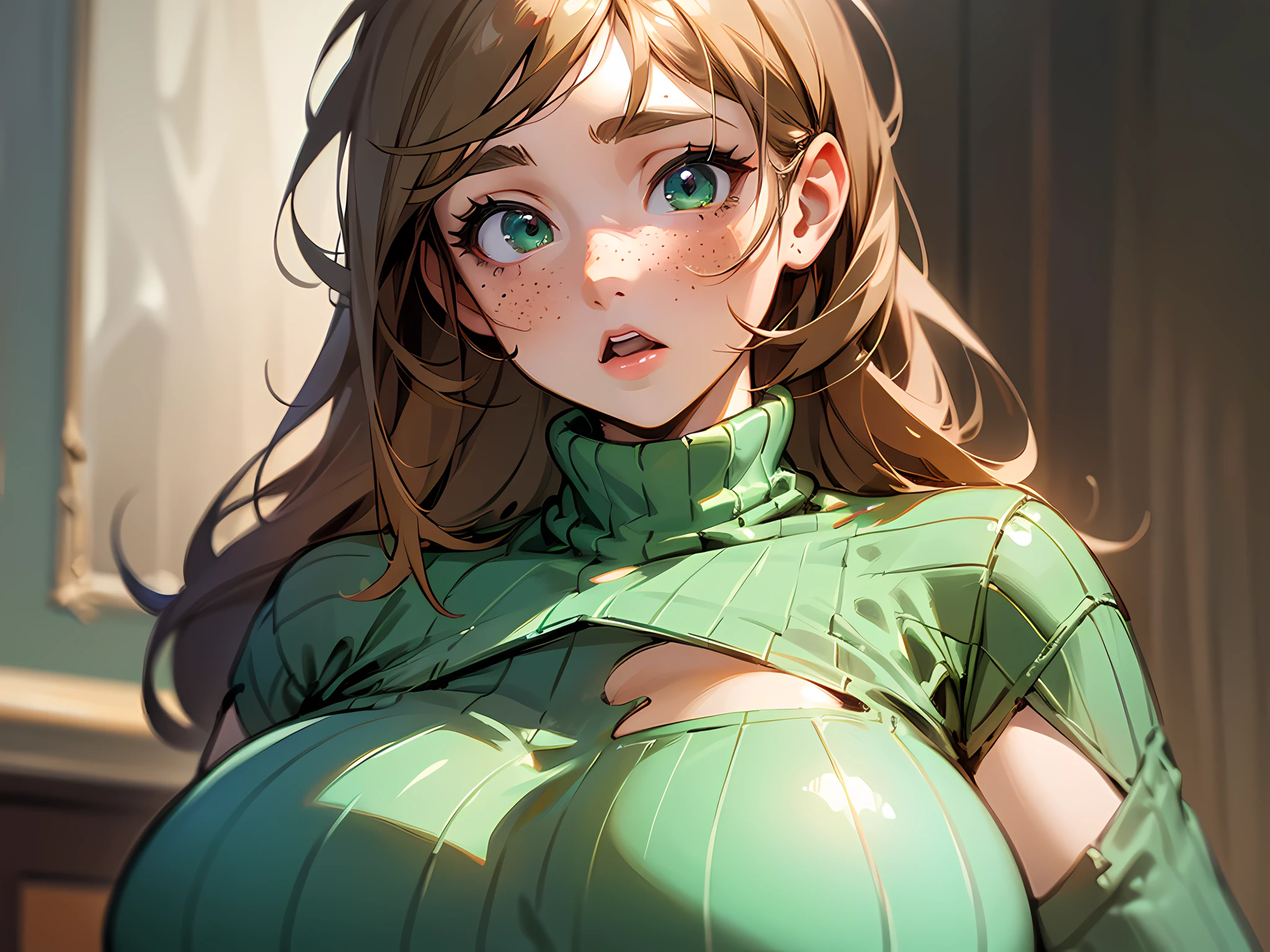 masterpiece, best quality, ultra-detailed, illustration, (1girl), young, freckles, beautiful detailed eyes, ((looking down)), looking at her cheast, (shocked facial expression), mouth open, raised eyebrows, close-up, (upper body focus), messy hair, shy, bedroom in the background, green eyes, plump lips, (oversized breasts), (huge breasts), realistic breasts, cleavage, (wearing tight sweater) --auto --s2