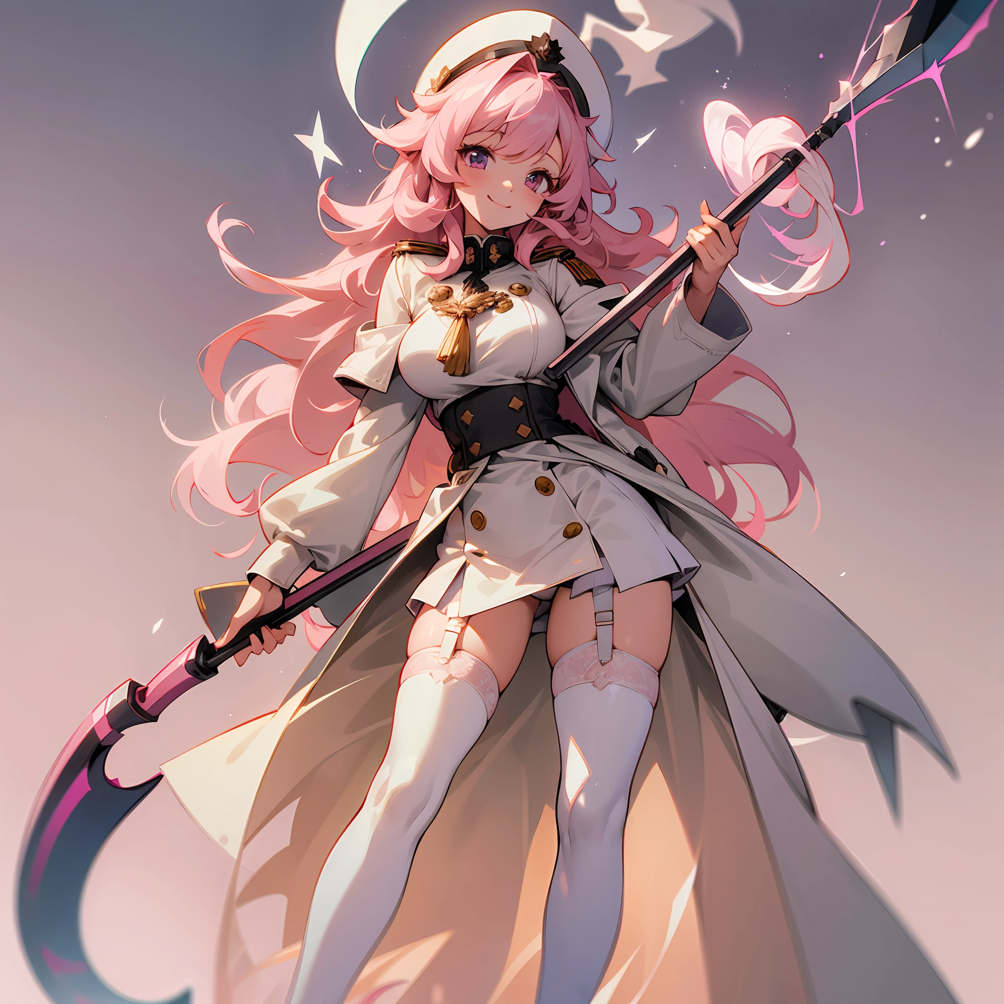 Girl, Full body, pink beige hair, curl hair, pink beige eyes, white and no sleeve military uniform, white cloak, star ornament, white and tight miniskirt, white long boots, unyielding spirit, haughty, smile, beautiful, glory, big scythe, garter belt