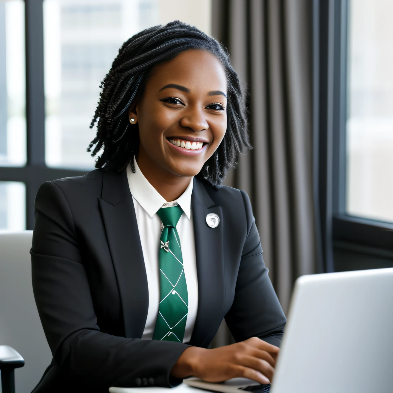 African american woman sitting in office, looking at laptop, smile on face, add detail:1, charcoal black suit, dark green tie, clean black office, face detail (1:1)