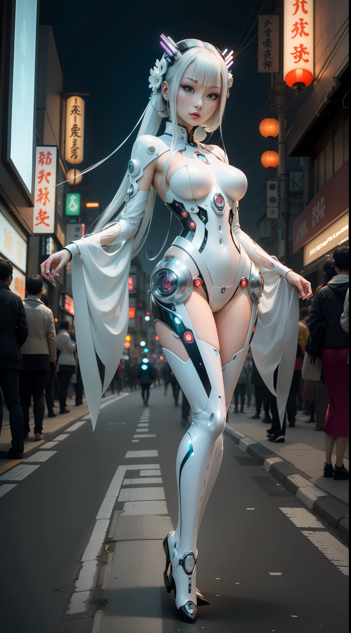 A photograph of Japanese female android made of transparent glass in crowded street, white and silver plastic, geisha makeup and hairstyle, silver metal internal mechanisms, dynamic pose, flowing organic construction, detailed designs, glowing colorful circuitry, colorful neon trim, art by H.R. Giger, Greg Rutowski