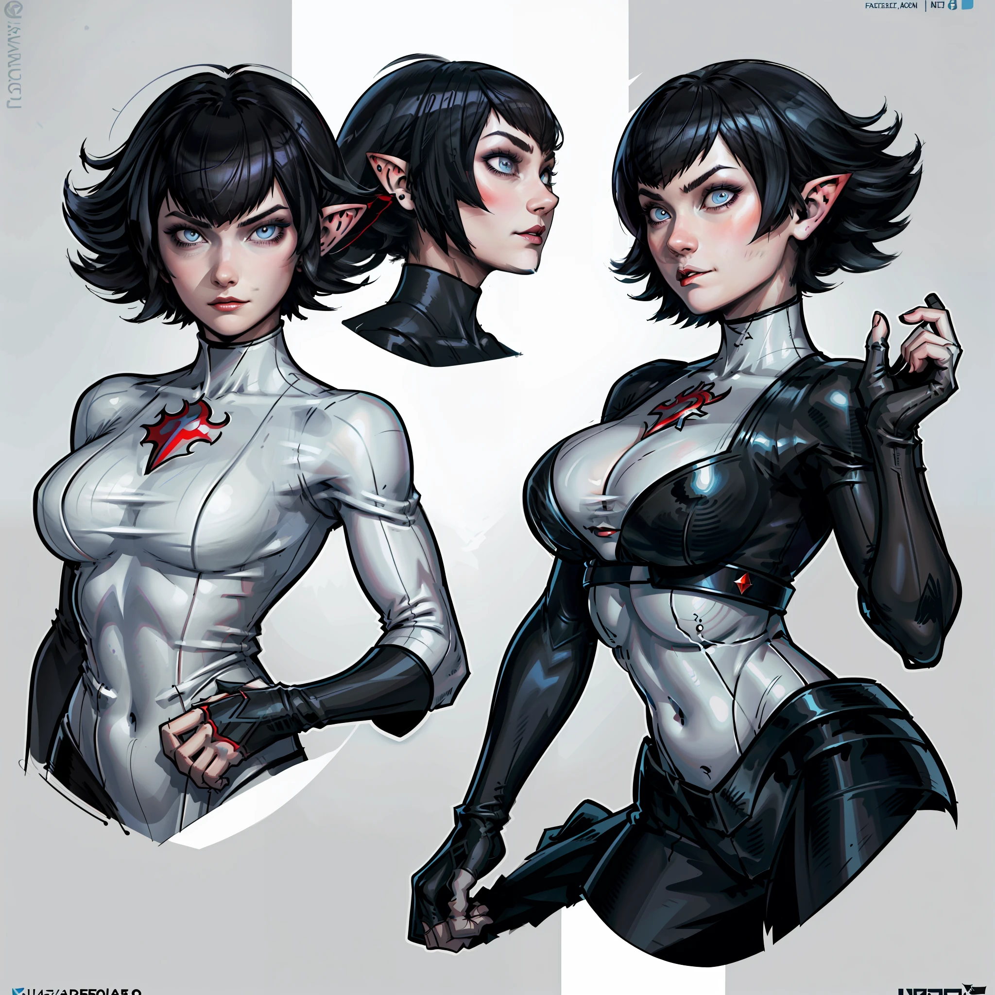 A closeup of a woman's face and some other face poses, front face poses from side to side and back, woman with short black hair, eyes with shades of blue and red and with vampire iris, pale skin, vampire, pointed ears, muscular!, gynoid body, large breasts, conceptual face art,  detailed concept face art, Yusuke Murata style, Ilya Kuvshinov, official character art, Face concept, (best quality, masterpiece) a cute chibi girl,