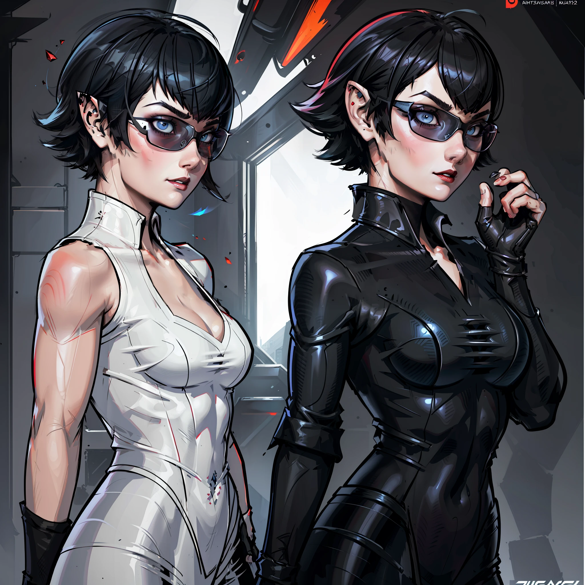 A closeup of a woman's face and some other face poses, front face poses from side to side and back, woman with short black hair, eyes with shades of blue and red and with vampire iris, pale skin, vampire, pointed ears, muscular!, gynoid body, large breasts, conceptual face art, detailed concept face art, Yusuke Murata style, Ilya Kuvshinov, official character art, Face concept, (best quality, masterpiece) a cute chibi girl,