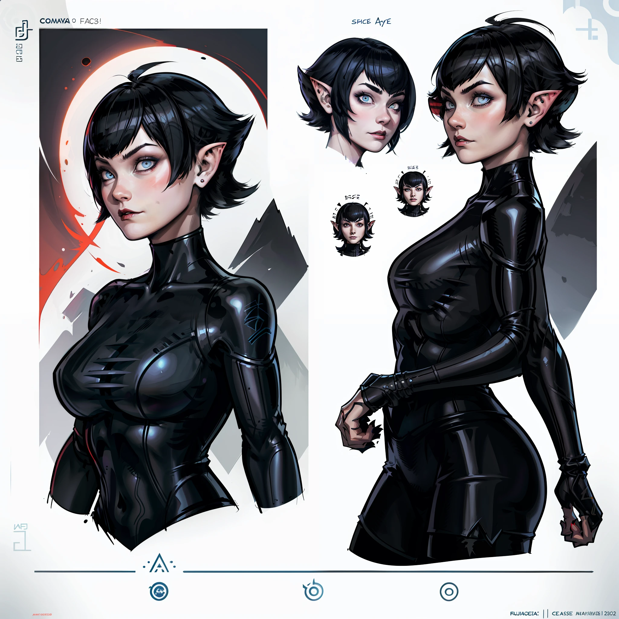 A closeup of a woman's face and some other face poses, front face poses from side to side and back, woman with short black hair, eyes with shades of blue and red and with vampire iris, pale skin, vampire, pointed ears, muscular!, gynoid body, large breasts, conceptual face art,  detailed concept face art, Yusuke Murata style, Ilya Kuvshinov, official character art, Face concept, (best quality, masterpiece) a cute chibi girl,