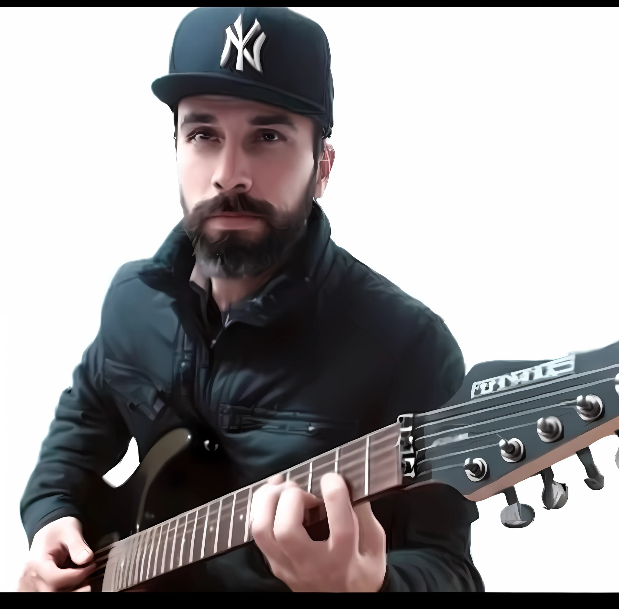 A bearded man playing guitar with a cap,