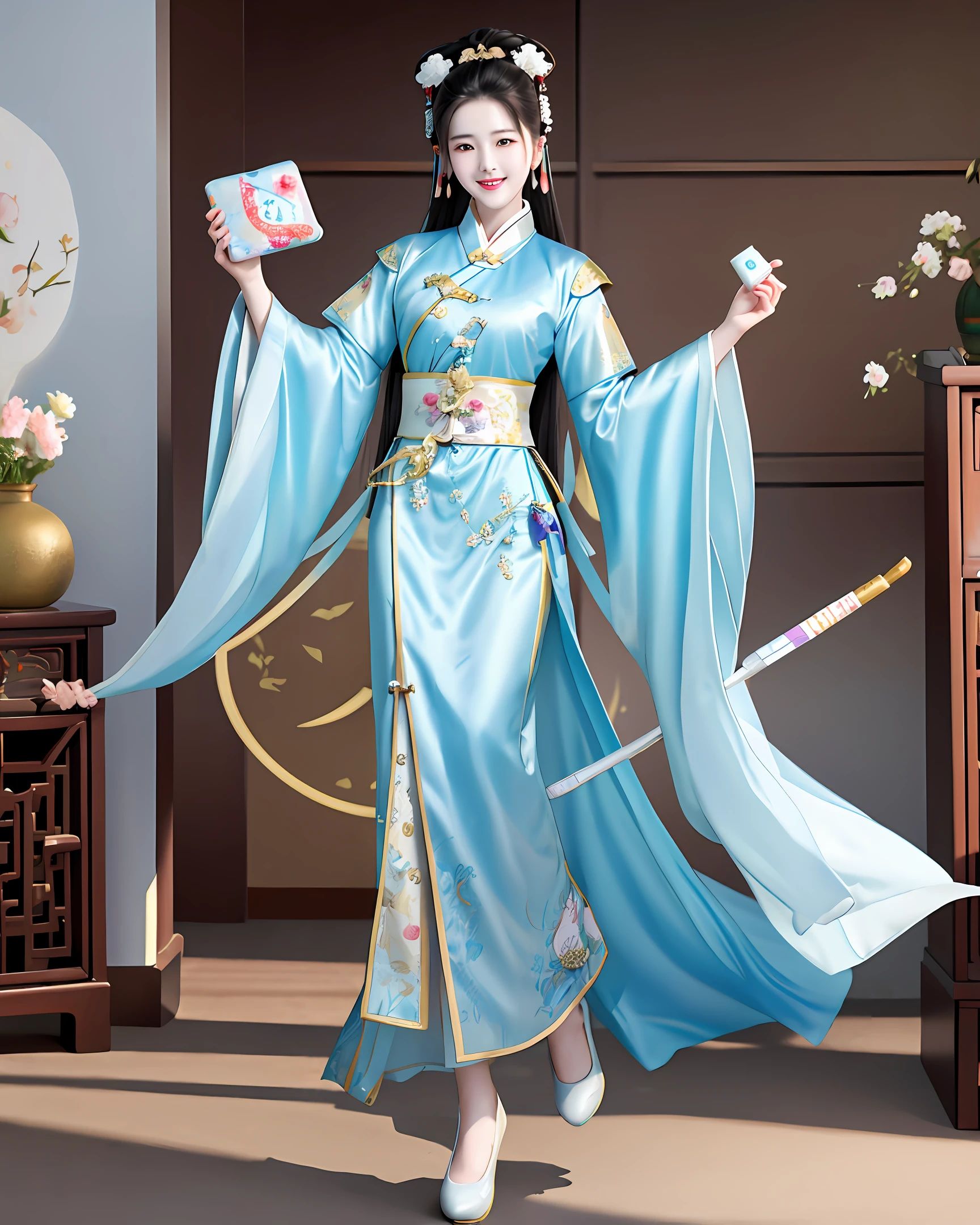 Liu Yifei, holding toothpaste in his hand, wearing Chinese Tang Dynasty clothes, full body photo, in a modern office, does not leak chest or legs, smiling white teeth