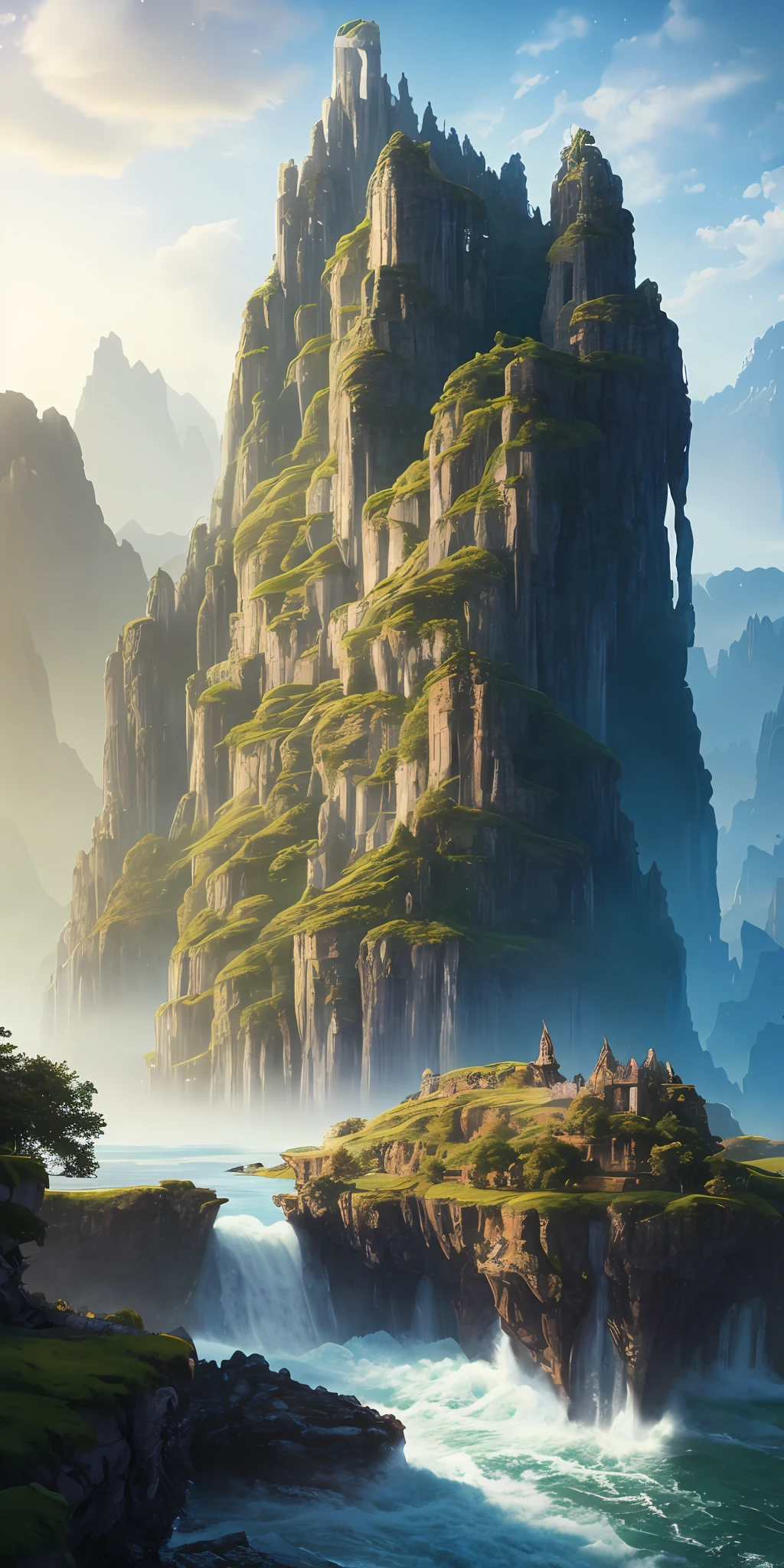 Masterpiece, best quality, high quality, extremely detailed CG unity 8k wallpaper, landscape, outdoor, sky, cloud, sky, no humans, mountain, landscape, water, tree, blue sky, waterfall, cliff, nature, lake, river , cloudy skies, award winning photography, bokeh, depth of field, HDR, bloom, chromatic aberration, photorealism, very detailed, trending on artstation, trending on CGsociety, intricate, high detail, dramatic, midjourney art