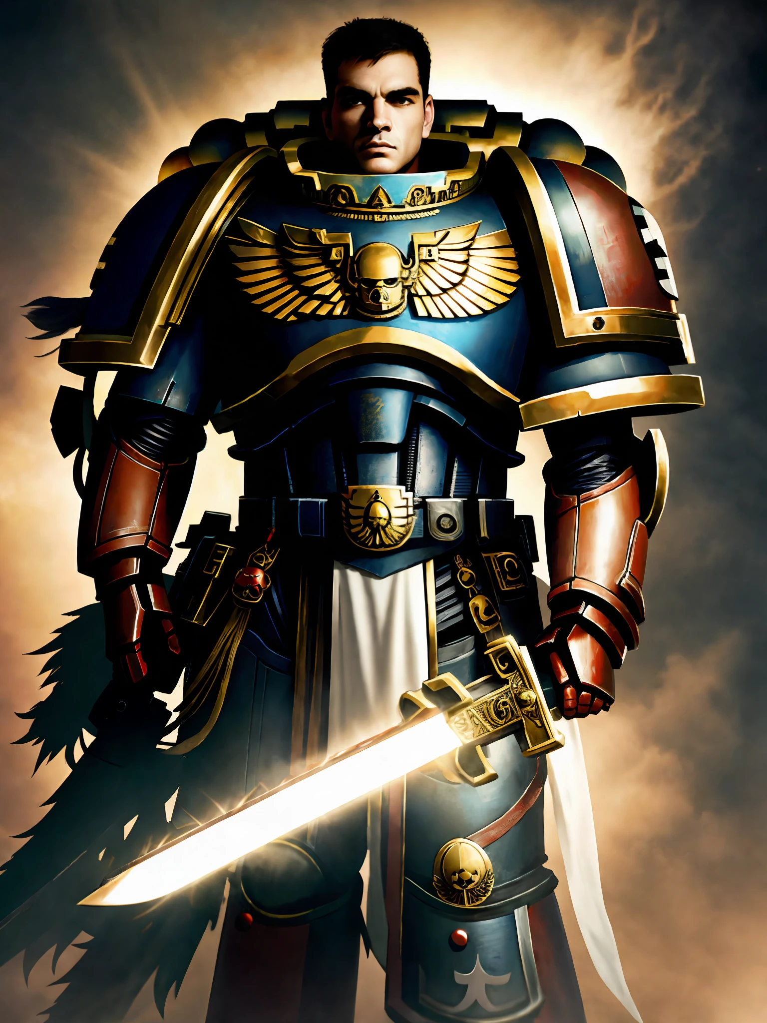 Space marine soldier with his red armor, he is holding a sword, very realistic, pay attention to the details,