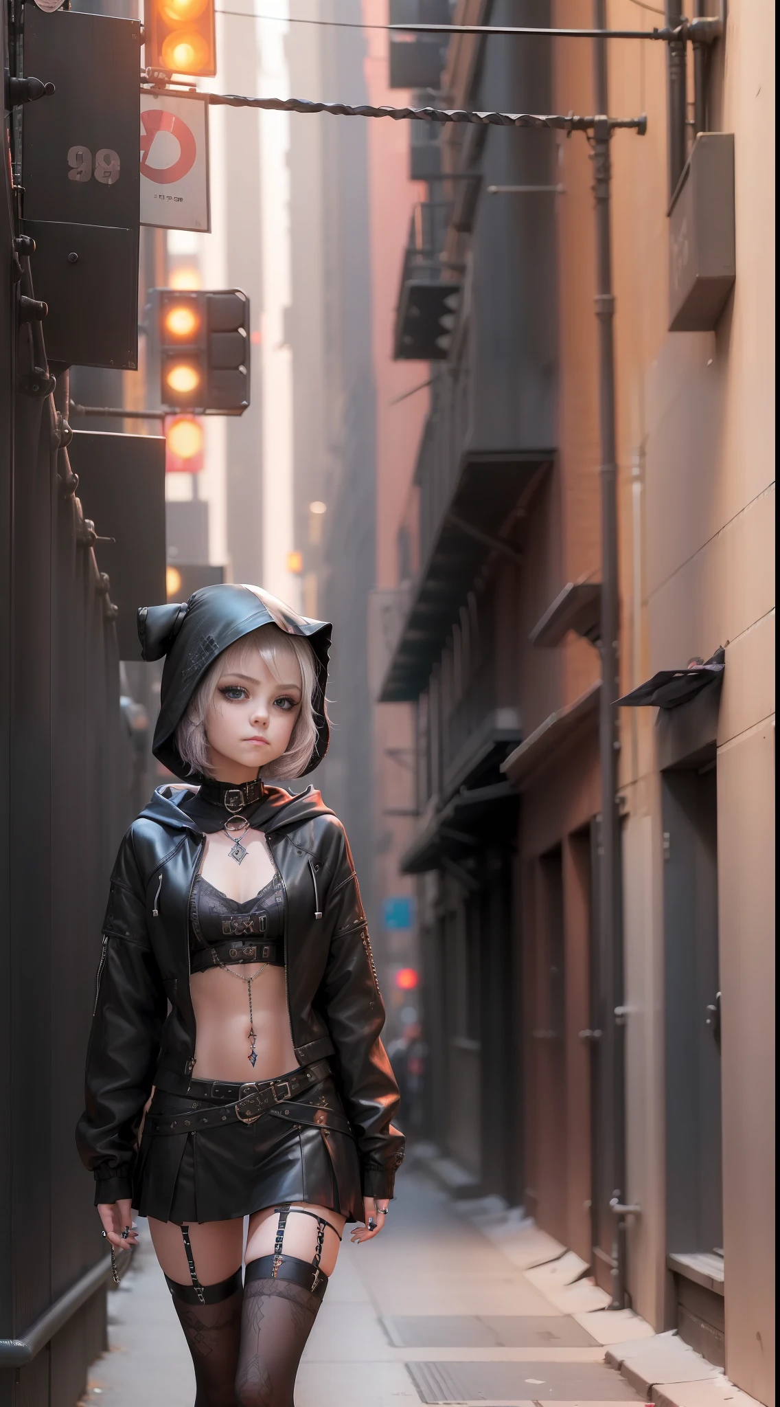 (A girl:1.5) [:(18 years:1.2, short hair:0.9, multiple piercings:1.1):0.7], (black hood:1.2), (gothic fashion:1.3),backgrounds:((modern city:1.2, New York:1.2), narrow alley:0.9), posture:full body, (neutral expression:0.9, no smile:1.1)