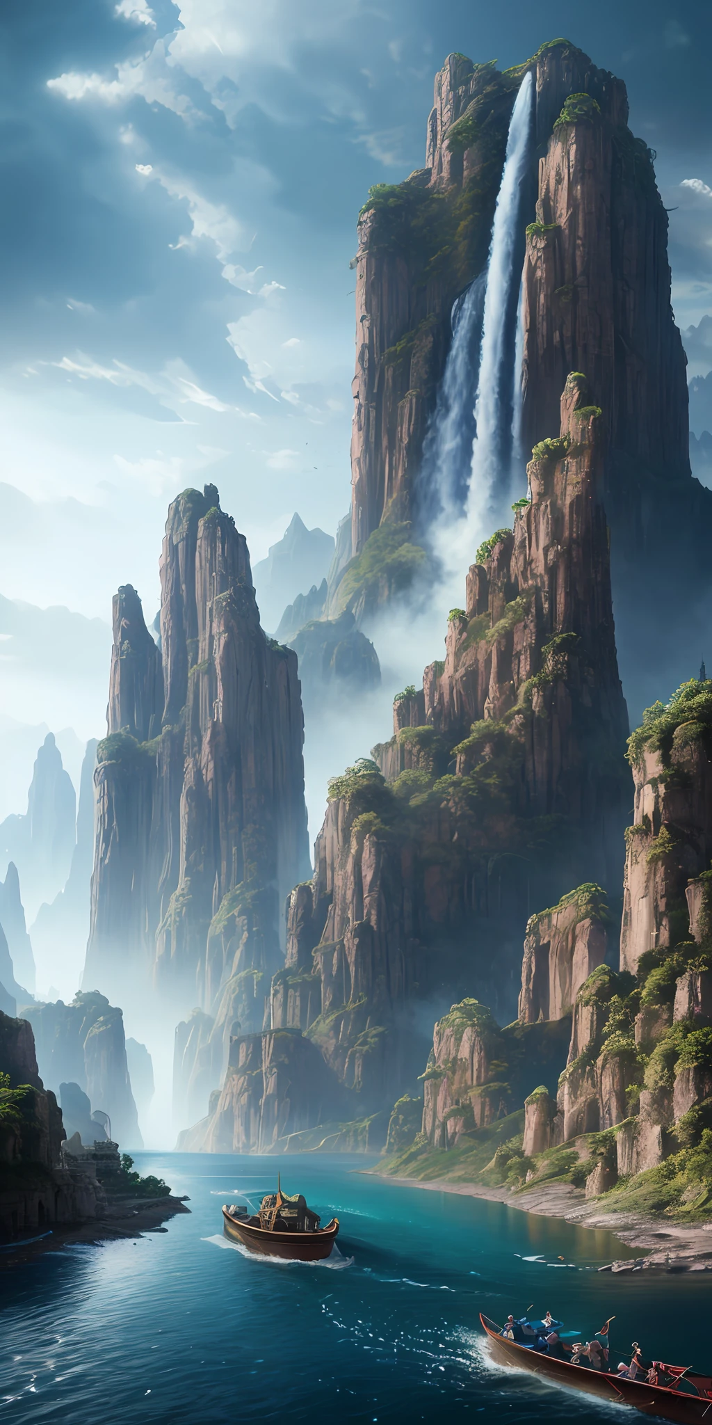 Masterpiece, best quality, high quality, extremely detailed CG unity 8k wallpaper, landscape, outdoor, sky, cloud, sky, no humans, mountain, landscape, water, tree, blue sky, waterfall, cliff, nature, lake, river , cloudy skies, award winning photography, bokeh, depth of field, HDR, bloom, chromatic aberration, photorealism, very detailed, trending on artstation, trending on CGsociety, intricate, high detail, dramatic, midjourney art