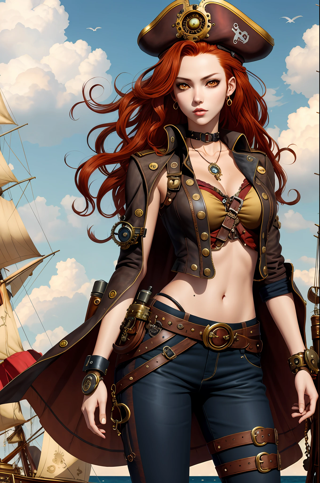 Girl with wavy red hair and rebellious, golden eyes and tanned skin, Steampunk pirate style clothes, background with clouds, realistic manhwa style.