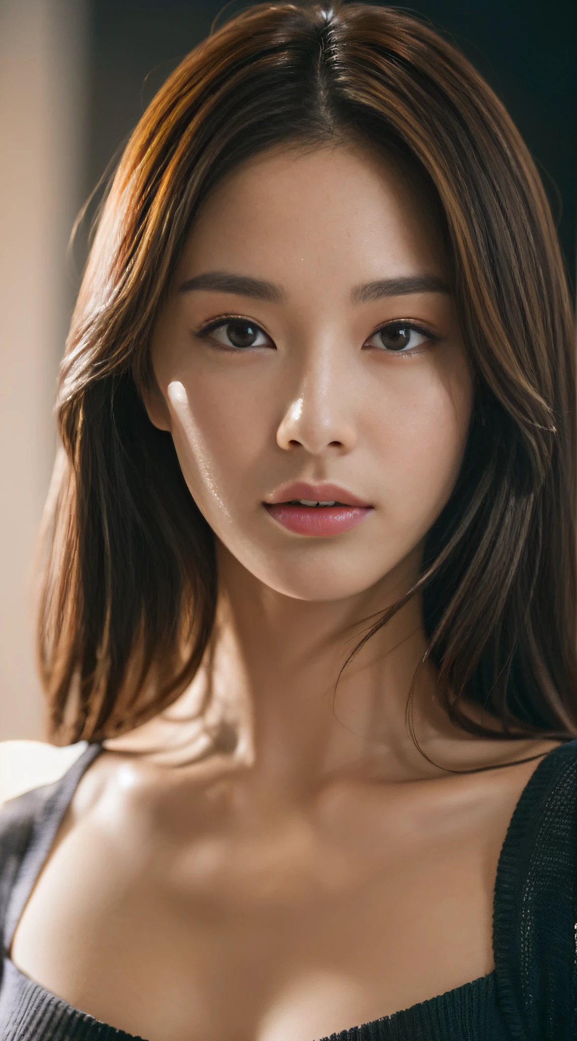 ((Cinematic Lights, Top Quality, 8k, Masterpiece: 1.3)), Super Beauty, Standing, 1 Girl, Slender Abs Pretty Woman: 1.4, (Brown Hair, C Cup: 1.3), Luxurious Living Room, Ultra Detailed Face, Detailed Eyes, Double Eyelids, Slender, Fluttering Hair, V-Neck Sweater, ((Full Body Shot)), Super Low Angle from the Feet, Lower Body White Tong Panties, Wide-angle lens, shot at 35mm