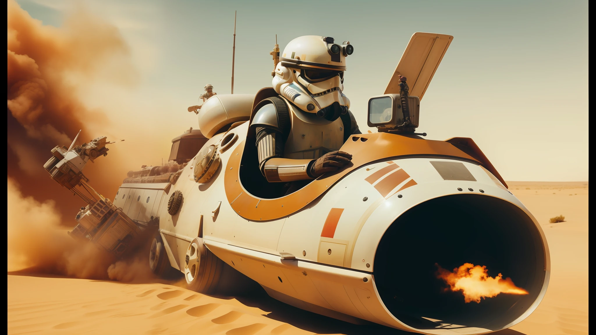 there is a man in a helmet riding on a vehicle in the desert, steampunk stormtrooper, realistic colorful photography, inspired by Leonard Daniels, speedy aircraft, kitbashing component, harrison ford from indiana jone, by Wes Anderson, artistic rendering