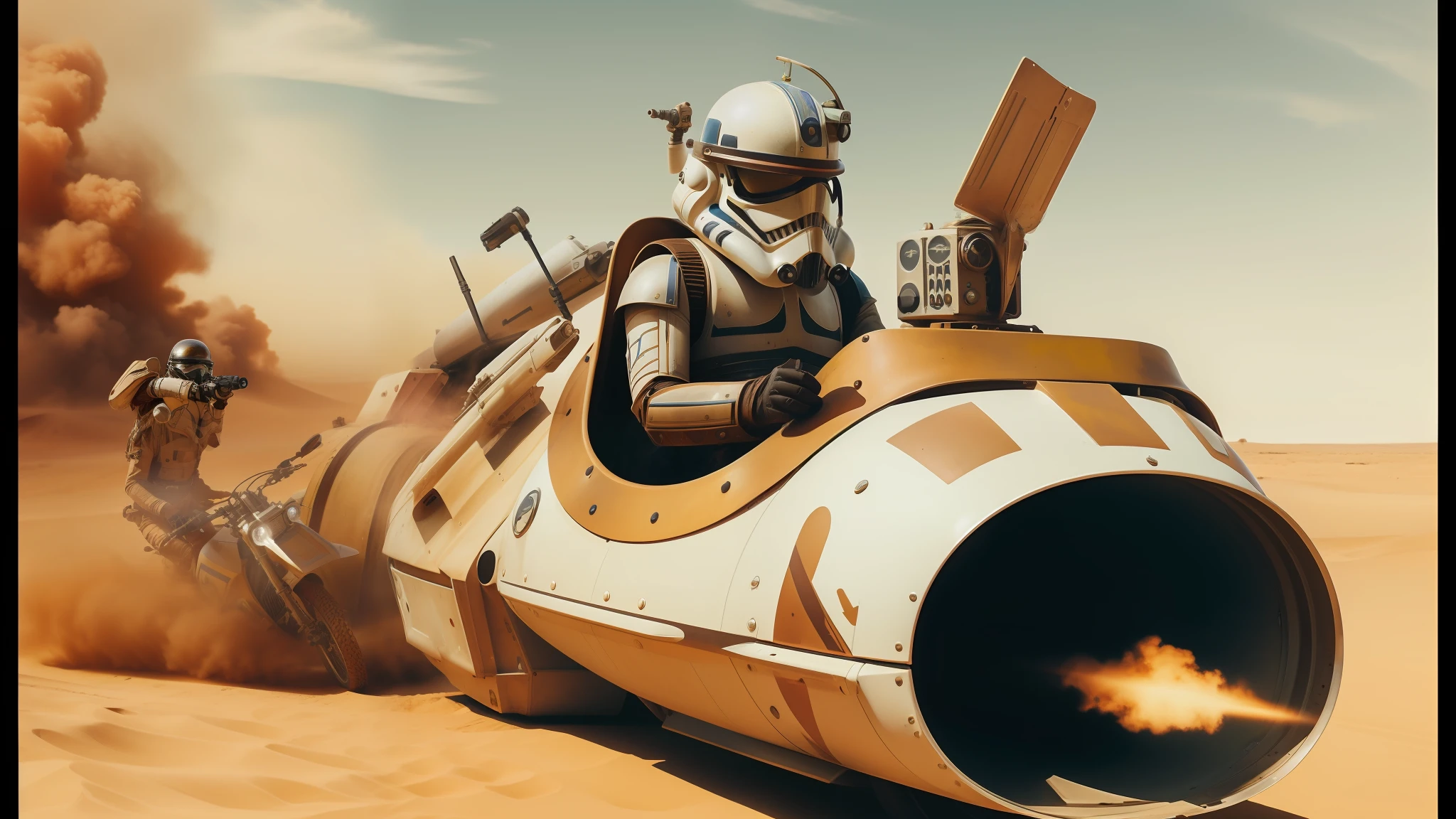 there is a man in a helmet riding on a vehicle in the desert, steampunk stormtrooper, realistic colorful photography, inspired by Leonard Daniels, speedy aircraft, kitbashing component, harrison ford from indiana jone, by Wes Anderson, artistic rendering